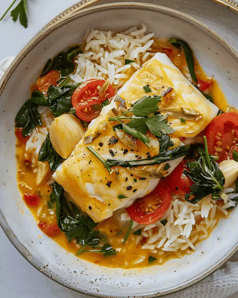 Coconut Milk Poached Cod with Tomato, Garlic and Spinach