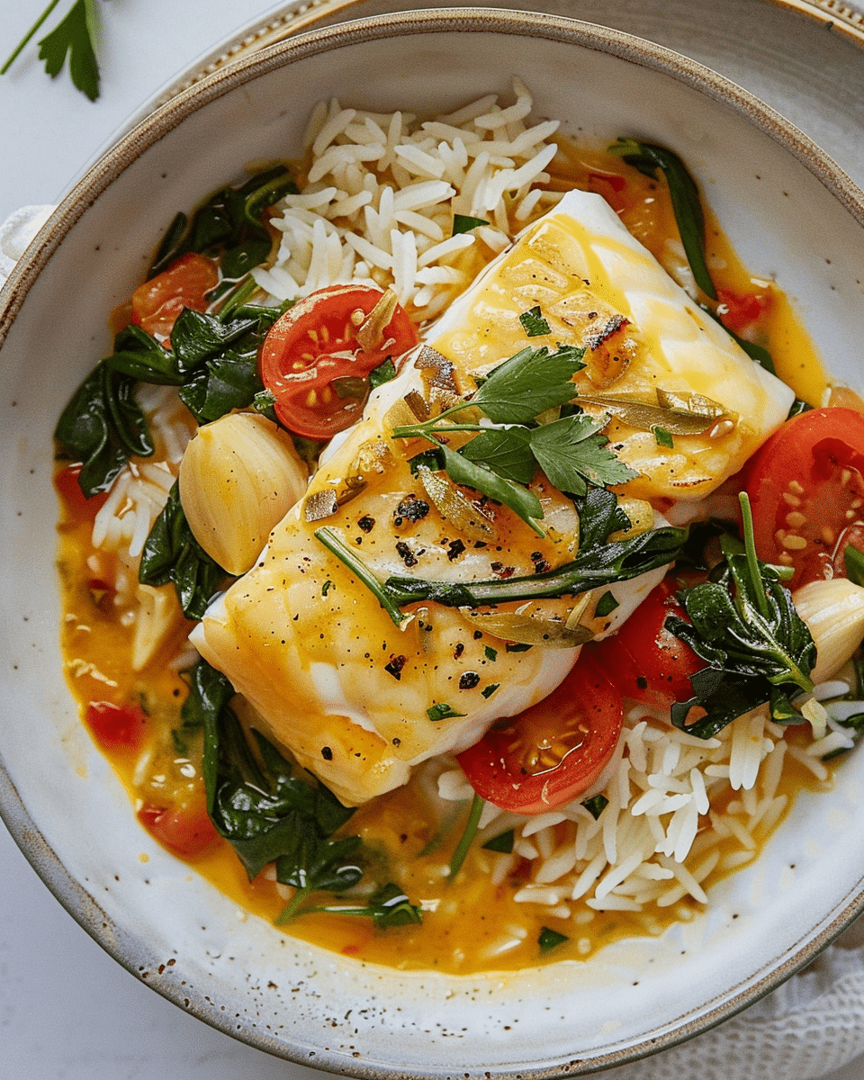 Coconut Milk Poached Cod with Tomato, Garlic and Spinach