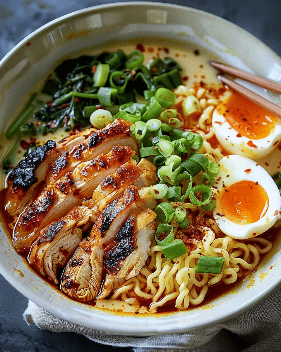 Spicy Fiery Chicken Ramen with Creamy Garlic Sauce