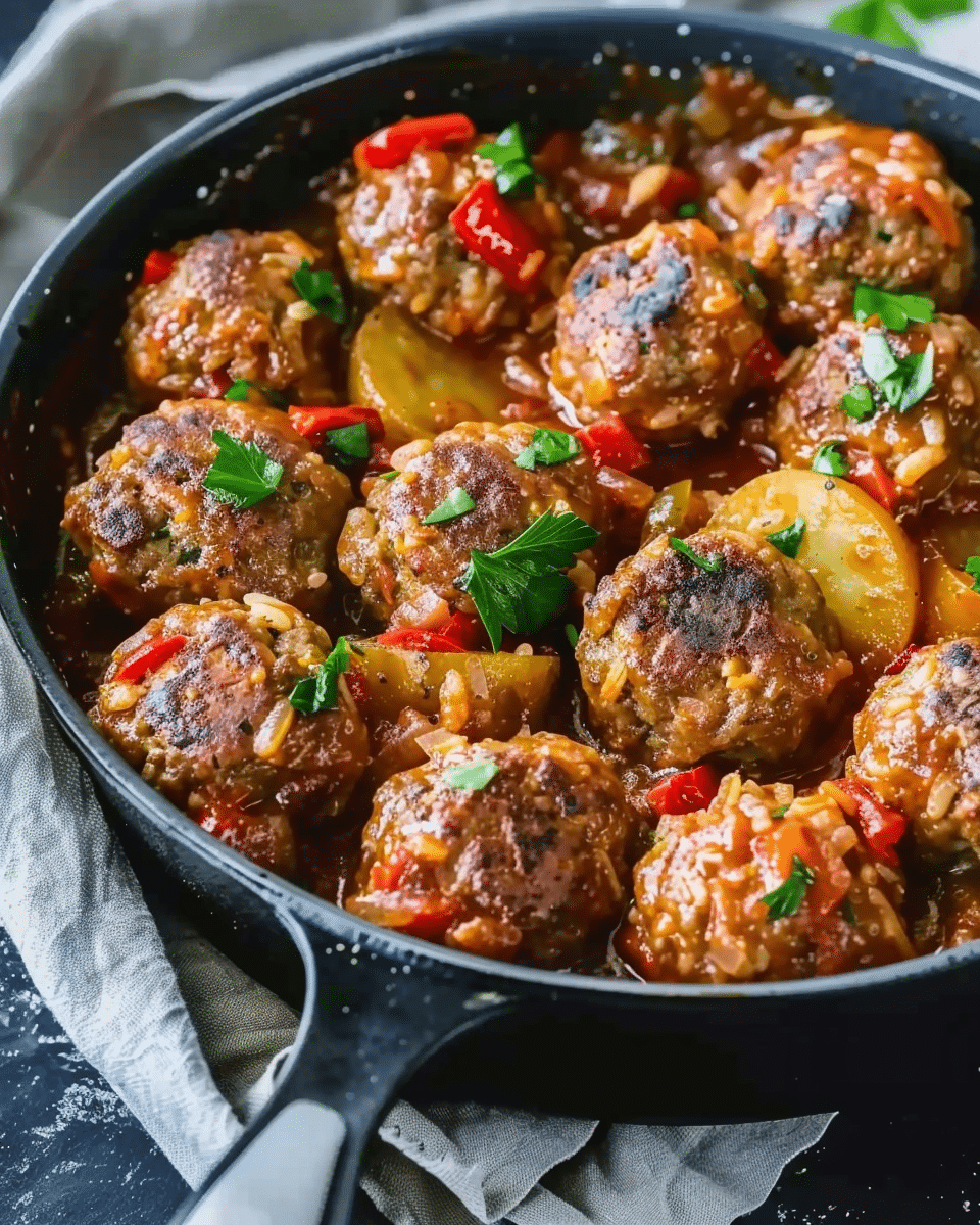 Balkan Rice Meatballs with Peppers & Potatoes