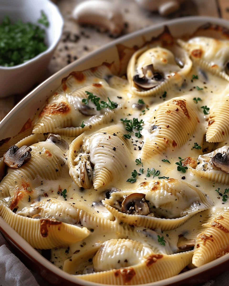 Stuffed Jumbo Shells with Mushrooms & Alfredo