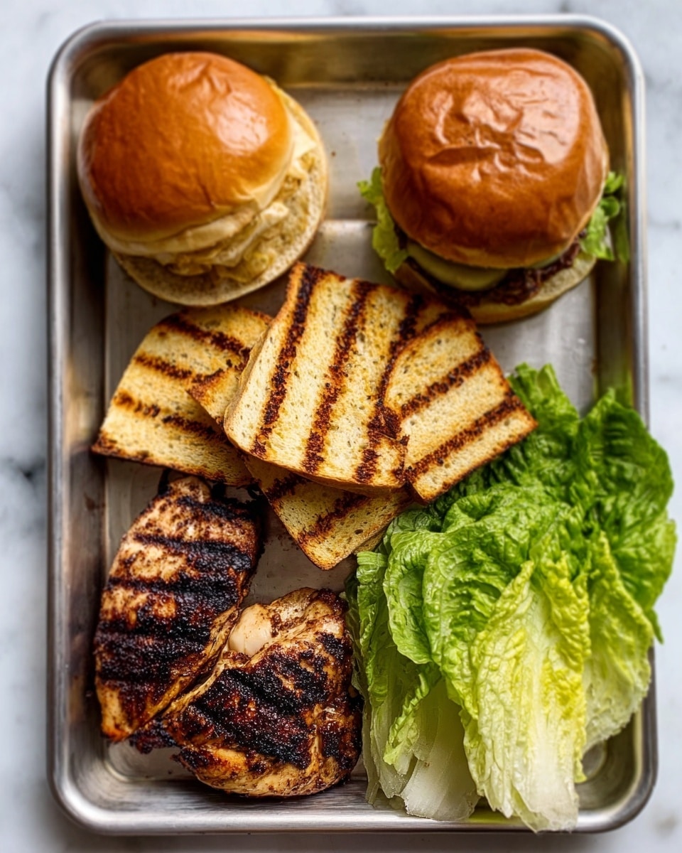 The image shows a metal tray on a white marbled surface holding two soft burger buns with a golden brown top on the upper right, three toasted bread slices with grill marks stacked in the center, two pieces of grilled chicken with visible char marks on the bottom left, and a bunch of fresh green lettuce leaves at the bottom right. The textures range from the soft smoothness of the buns to the rough grilled bread and the slightly bumpy, juicy chicken skin. Photo taken with an iphone --ar 4:5 --v 7