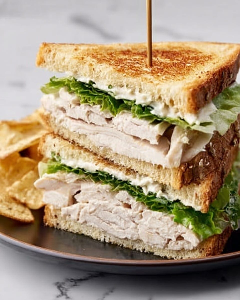The image shows a close-up of a sandwich cut diagonally, stacked on a dark plate. The sandwich has three layers of toasted light brown bread with a crispy texture. Between the bread layers, there are thick slices of white chicken meat, fresh green lettuce leaves, and creamy white sauce spread evenly. The sandwich is held together by a wooden toothpick placed in the middle on the top slice. The background is a white marbled surface. Photo taken with an iphone --ar 4:5 --v 7