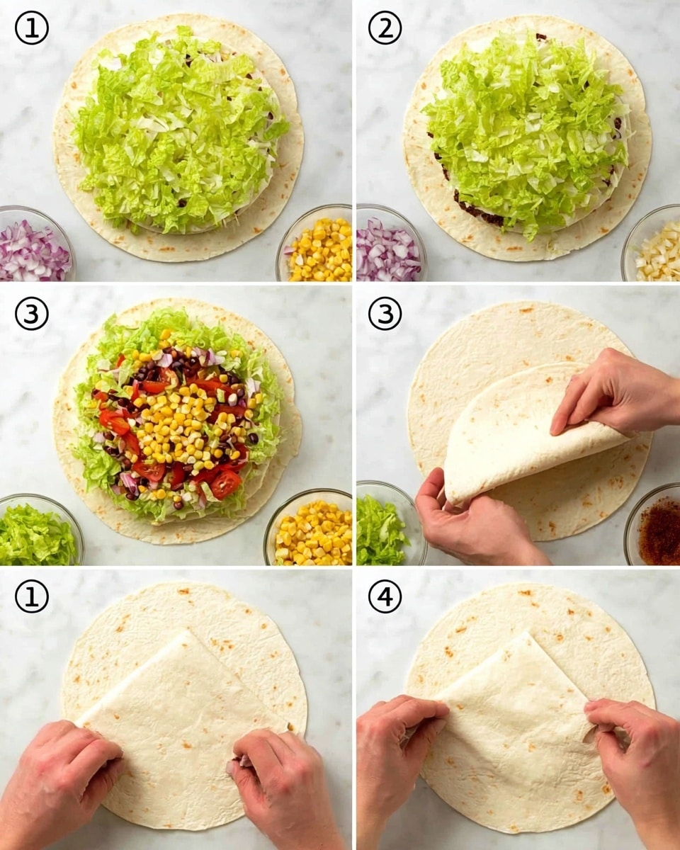 The series of images shows a tortilla wrap being made on a white marbled surface. The first layer is a white corn tortilla with a circle of chopped green lettuce on top, centered in the middle. The second layer adds colorful toppings including corn kernels, chopped red onions, and diced red tomatoes evenly spread over the lettuce. A round white tortilla slice, slightly smaller than the base tortilla, is placed on top of the toppings, covering them completely. The sequence then shows a woman's hands folding the large tortilla in four steps: first folding the bottom edge up over the small tortilla slice, then the left side inward, followed by the right side, and finally tucking the wrap neatly into a compact triangle shape. Bowls containing extra toppings like corn and diced onions are placed nearby on the white marbled surface. photo taken with an iphone --ar 4:5 --v 7