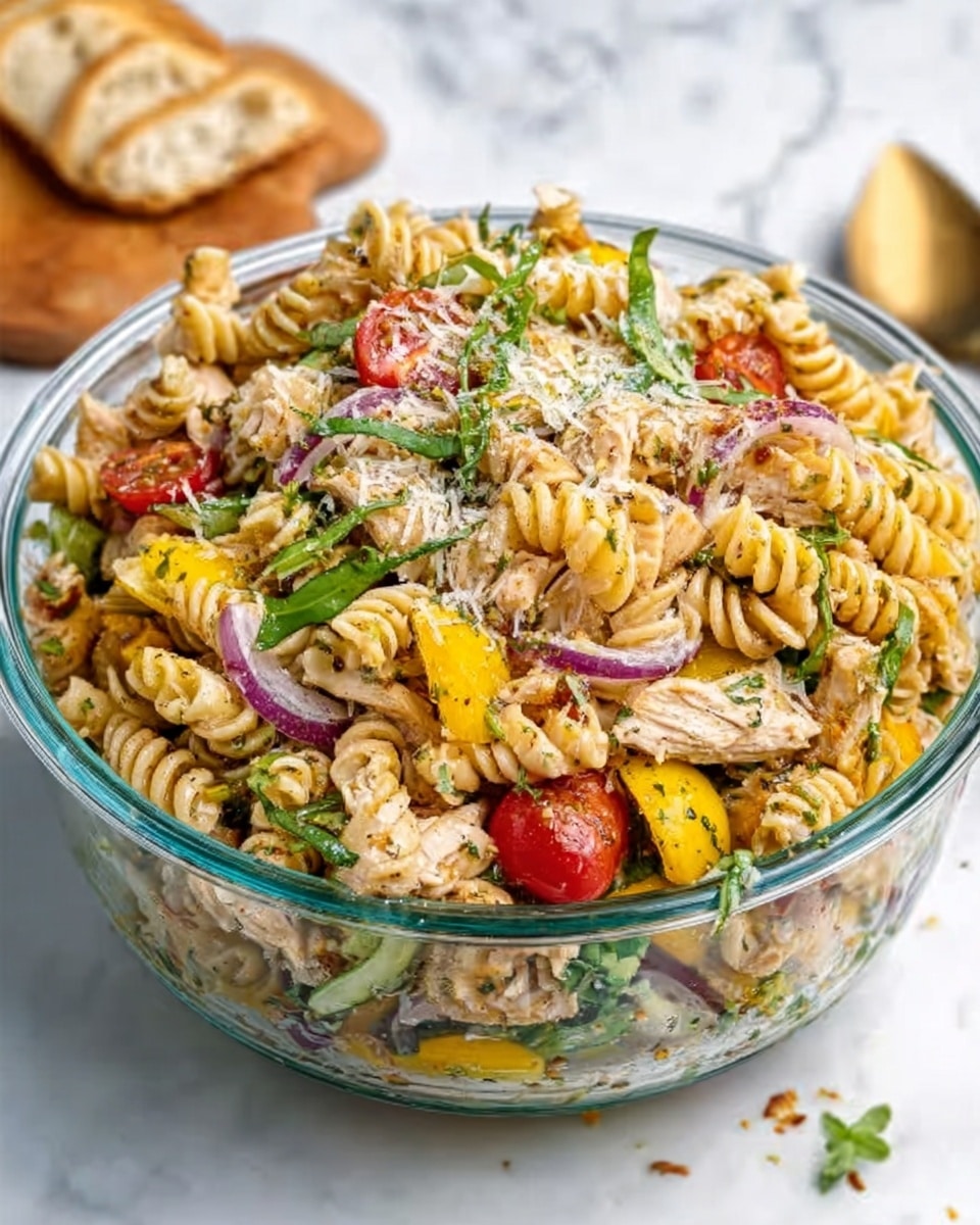 A clear glass bowl filled with a colorful pasta salad featuring spiraled rotini pasta in a pale yellow shade as the main layer. Mixed throughout are bright red cherry tomatoes, dark purple olives, soft white mozzarella balls, green cucumber chunks, small pieces of light brown seasoned chicken, and thin slices of red onion. The salad is sprinkled with green herbs and black pepper, all placed on a white marbled surface. photo taken with an iphone --ar 4:5 --v 7