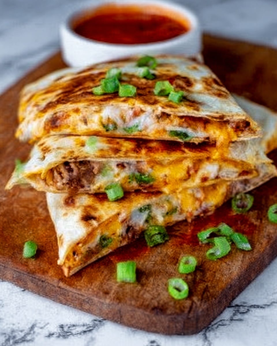 A close-up of two stacked folded quesadillas on a wooden board, each showing multiple layers filled with melted cheese, green onions, and bits of meat. The quesadilla tortillas are golden brown and slightly crispy with char marks. Small green onion pieces are sprinkled on top and around the quesadillas. In the background, there is a white bowl filled with red salsa. The surface is a white marbled texture. Photo taken with an iphone --ar 4:5 --v 7