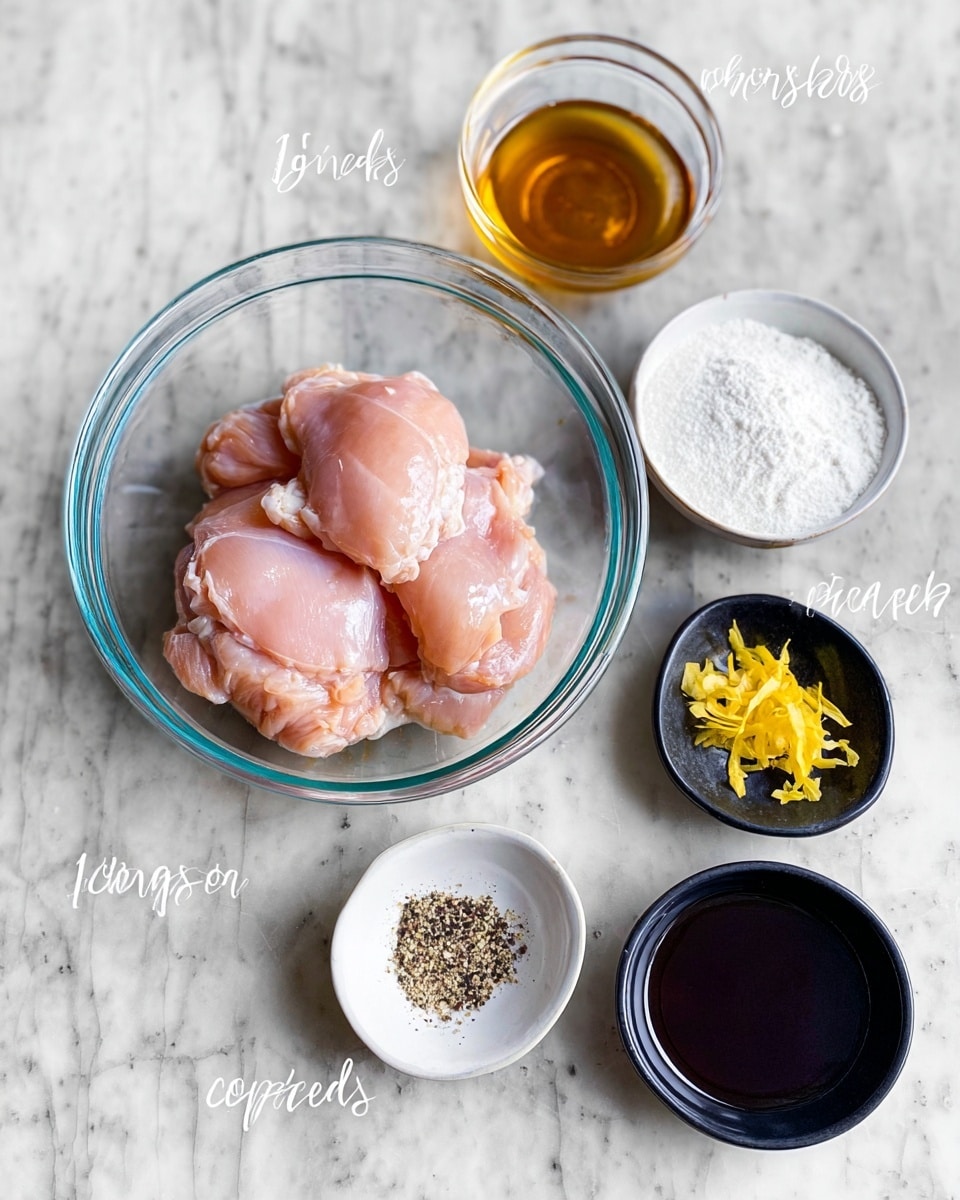 A clear glass bowl in the center holds several pieces of raw chicken with a pinkish color and smooth texture. Around it, on a white marbled surface, are four small white and black bowls containing different ingredients: a white bowl with golden honey, a black bowl with white cornstarch powder, a black bowl with yellow ginger strips and a small amount of salt and black pepper, and a black bowl with dark brown teriyaki sauce in a small clear glass. The scene shows a neat arrangement of fresh cooking ingredients. Photo taken with an iphone --ar 4:5 --v 7