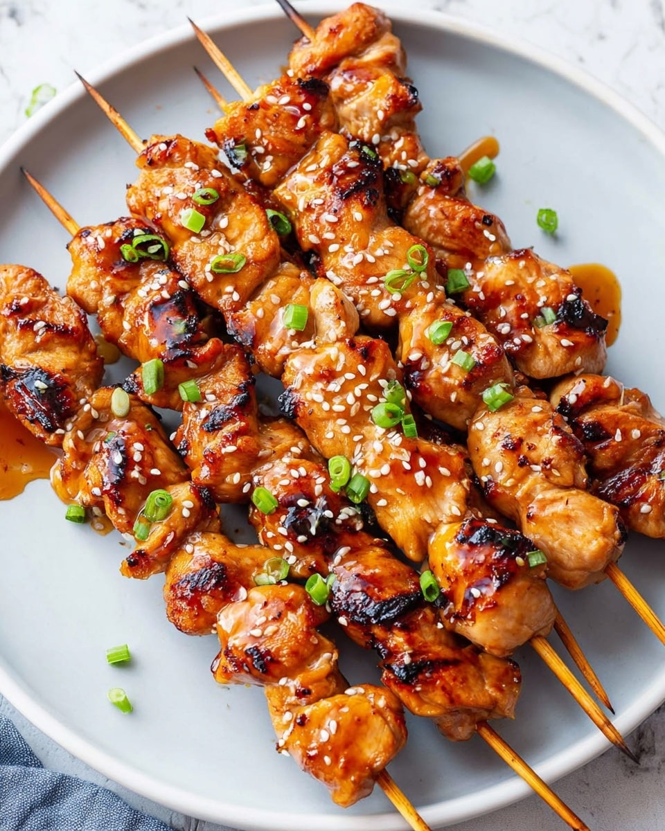 There is a white plate holding six grilled chicken skewers arranged close to each other, each skewer has several glossy pieces of golden-brown grilled chicken with slight char marks, a shiny glaze coating giving a rich orange and brown color, sprinkled with white sesame seeds and small green onion slices scattered on top and around the skewers, all set on a white marbled surface, photo taken with an iphone --ar 4:5 --v 7