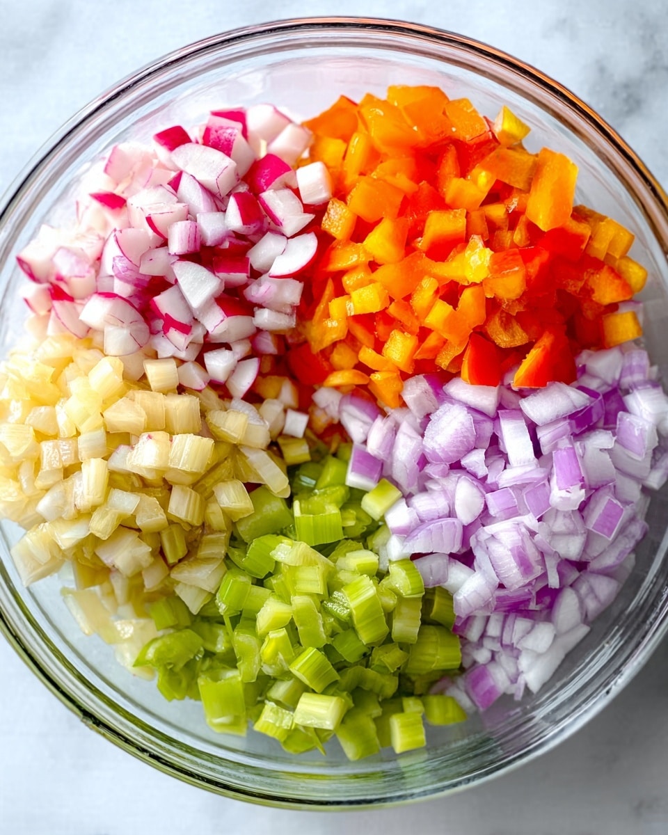 A clear glass bowl filled with five different finely chopped vegetables arranged in separate sections, showing a variety of bright colors: white and red radish pieces in the top left, orange bell peppers in the top right, light brown pickles in the bottom left, light purple onions in the middle right, and green celery pieces at the bottom right. The bowl sits on a smooth white marbled surface. Photo taken with an iphone --ar 4:5 --v 7