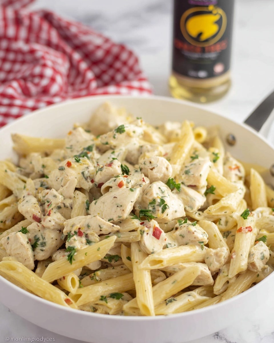 The image shows several white dishes on a white marbled surface, each holding different ingredients for a recipe. At the top left, there is a round white plate with two raw light pink chicken pieces. Next to it, small round white bowls hold olive oil with a clear yellow liquid, seasoning with a mixture of green herbs, and butter in small rectangular chunks. Below the chicken, a tall bottle of Buffalo Wild Wings Garlic Parmesan Sauce is placed near a square block of white cream cheese. To the right of the sauce and cheese, there is a round white bowl filled with orange spiral pasta. At the bottom left corner, there is a small white bowl with thick, creamy heavy cream, and to the right of it, a small round white bowl contains grated Parmesan cheese. The ingredients are neatly arranged and clearly visible. Photo taken with an iphone --ar 4:5 --v 7