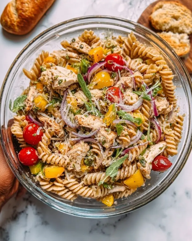 High Protein Chicken Pasta Salad with Greek Yogurt Dressing Recipe