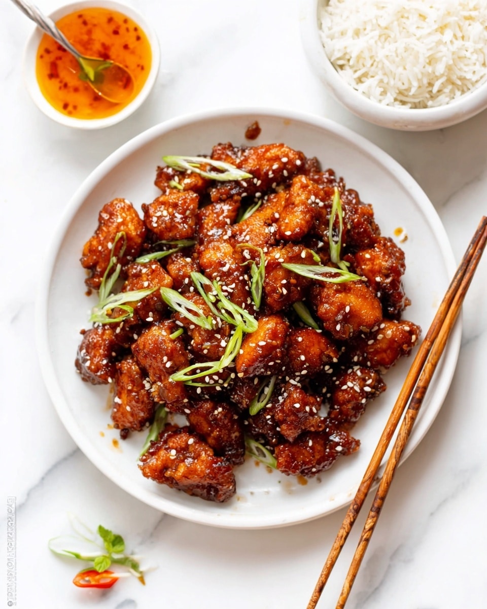 A white plate filled with sticky, dark brown glazed chicken pieces garnished with thinly sliced green onions and white sesame seeds, placed on a white marbled surface. Next to the plate are light brown wooden chopsticks resting with their tips on the plate’s edge. In the upper right corner, a small white bowl holds white rice, while in the top left corner, a small white dish contains a reddish-orange dipping sauce with a small green garnish. photo taken with an iphone --ar 4:5 --v 7