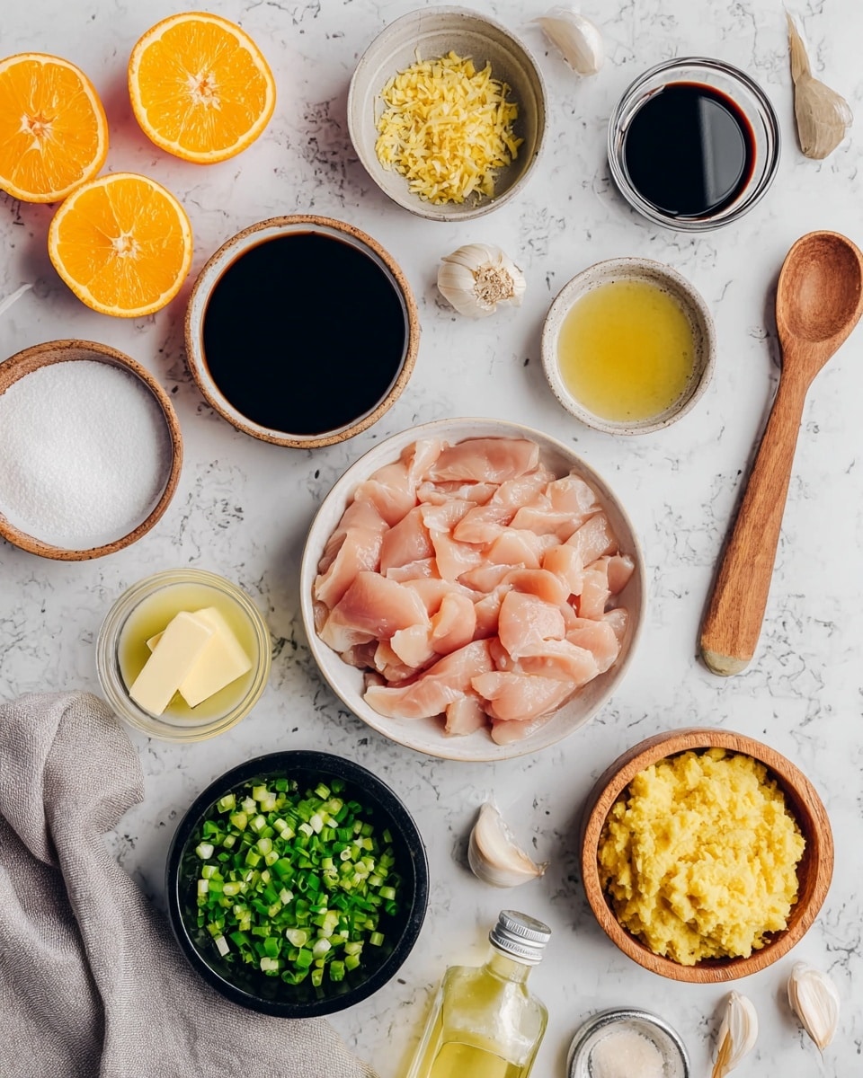 A top-down image shows a white bowl in the center filled with raw light pink chicken slices arranged loosely. Surrounding it are small bowls and containers spread out over a white marbled surface: on the top left, two orange halves with bright orange flesh, a small bowl with finely chopped light yellow garlic, and a dark bowl with dark brown soy sauce. To the right of the soy sauce, a wooden spoon holds dark red sauce, and next to it is a black bowl filled with mashed pale yellow ginger. Below, a circular wooden bowl contains chopped bright green scallions. At the bottom left is a glass bowl with white powder, next to that a white bowl of yellow melted butter, a small clear bowl with light brown sugar, and another shallow bowl with a wooden spoon on it. The bottom right shows clear liquid in a small bottle and few cloves of raw garlic on the marble surface with a light gray cloth loosely placed in the corner. The overall scene is bright and neat, with each ingredient clearly visible. photo taken with an iphone --ar 4:5 --v 7