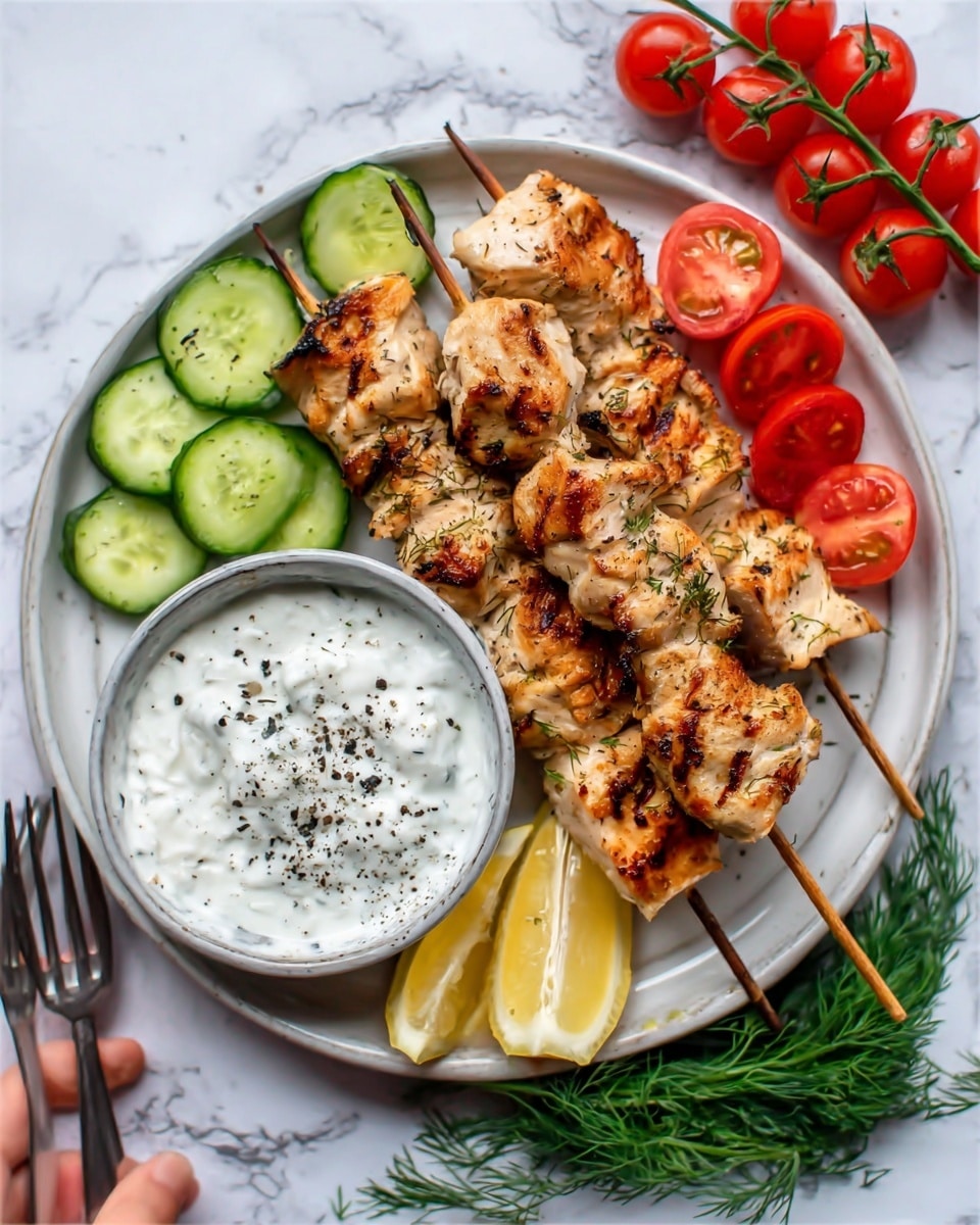 The image shows two grilled chicken skewers with a light brown color and some grill marks, placed on a white plate. Around the skewers are round slices of green cucumber, red cherry tomatoes, and lemon wedges on the sides. A small bowl filled with white creamy sauce with black pepper on top is placed near the skewers. Fresh green dill sprigs are laid at the bottom edge of the plate. In the background, there are some red tomatoes attached to a vine on the white marbled surface. A woman's hand is holding a fork near the plate. photo taken with an iphone --ar 4:5 --v 7