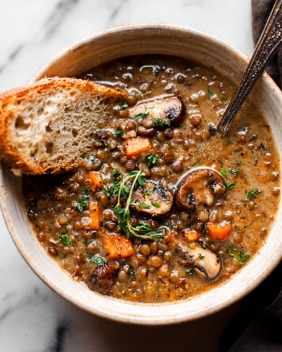 The image shows three white bowls filled with a warm, thick soup placed on a white marbled surface. Each bowl has visible layers of ingredients: at the top are slices of brown mushrooms and small orange carrot pieces, while the bottom layer consists of small grains or lentils mixed in a rich, brown broth. A woman's hand holding a silver spoon is dipping into the closest bowl, showing the texture of the soup with its chunky vegetables and grains. The overall scene has a cozy, homemade feel with the bowls spread out naturally. photo taken with an iphone --ar 4:5 --v 7