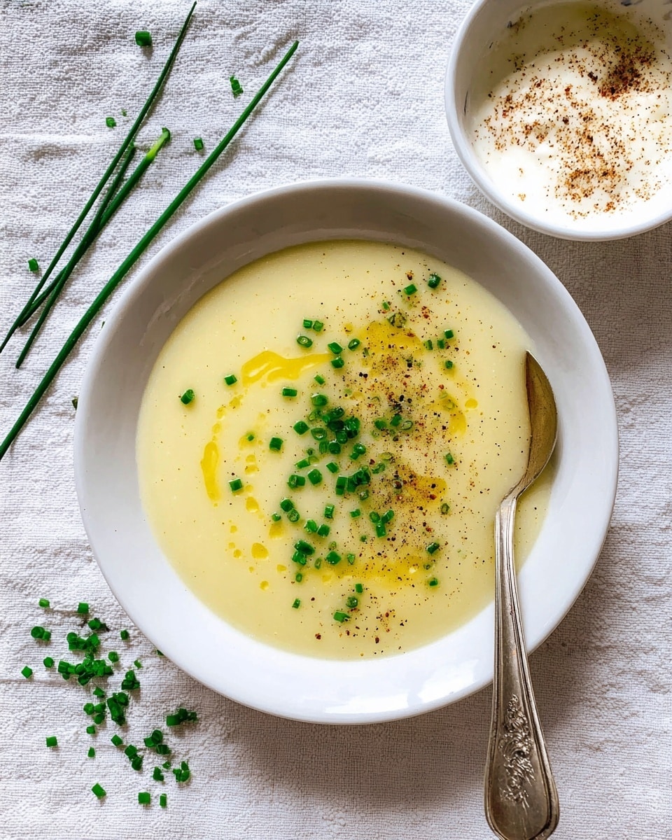 A white bowl filled with creamy light beige soup sits on a white marbled surface. Floating on top of the soup are three golden brown crispy croutons sprinkled lightly with black pepper and green herbs. A silver spoon stands upright in the bowl, leaning slightly to the side. The bowl is placed near the corner of a wooden board, with a bit of a white cloth visible in the corner. The background shows a blurred white bowl and white marbled surface. photo taken with an iphone --ar 4:5 --v 7