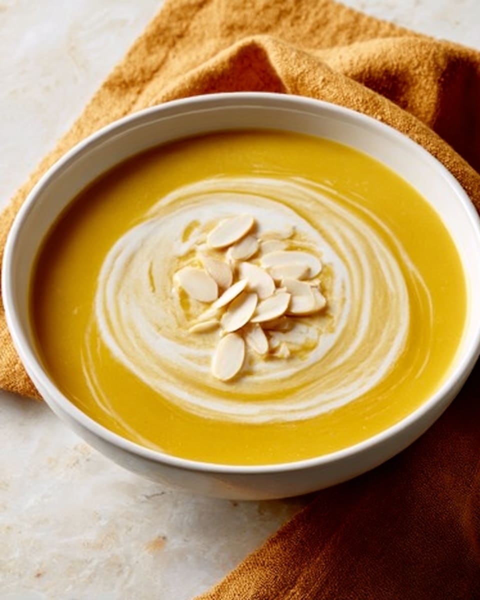 A white bowl filled with smooth orange soup, topped with a swirl of white cream and small green herb leaves scattered on the surface. A silver spoon rests inside the bowl, dipping into the soup. The bowl sits on a white plate with some black pepper sprinkled around the edge. The background is a white marbled texture. photo taken with an iphone --ar 4:5 --v 7