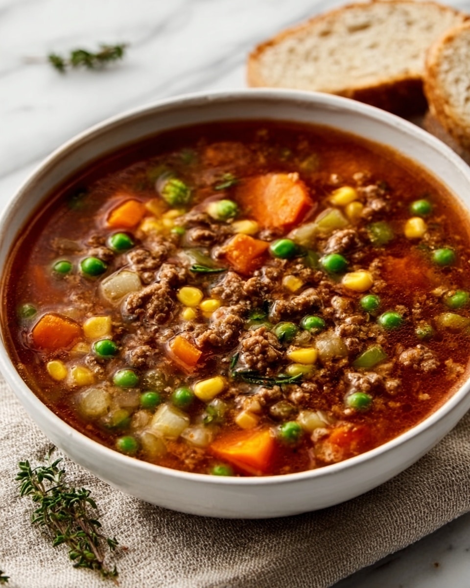 A white bowl filled with chili made of ground beef, red kidney beans, corn, celery, and small chunks of carrots, all mixed in a thick reddish-brown sauce. The ingredients are well distributed, showing a hearty texture with visible layers of colorful vegetables and meat. A spoon is placed inside the bowl, and the background is a white marbled surface. Photo taken with an iphone --ar 4:5 --v 7