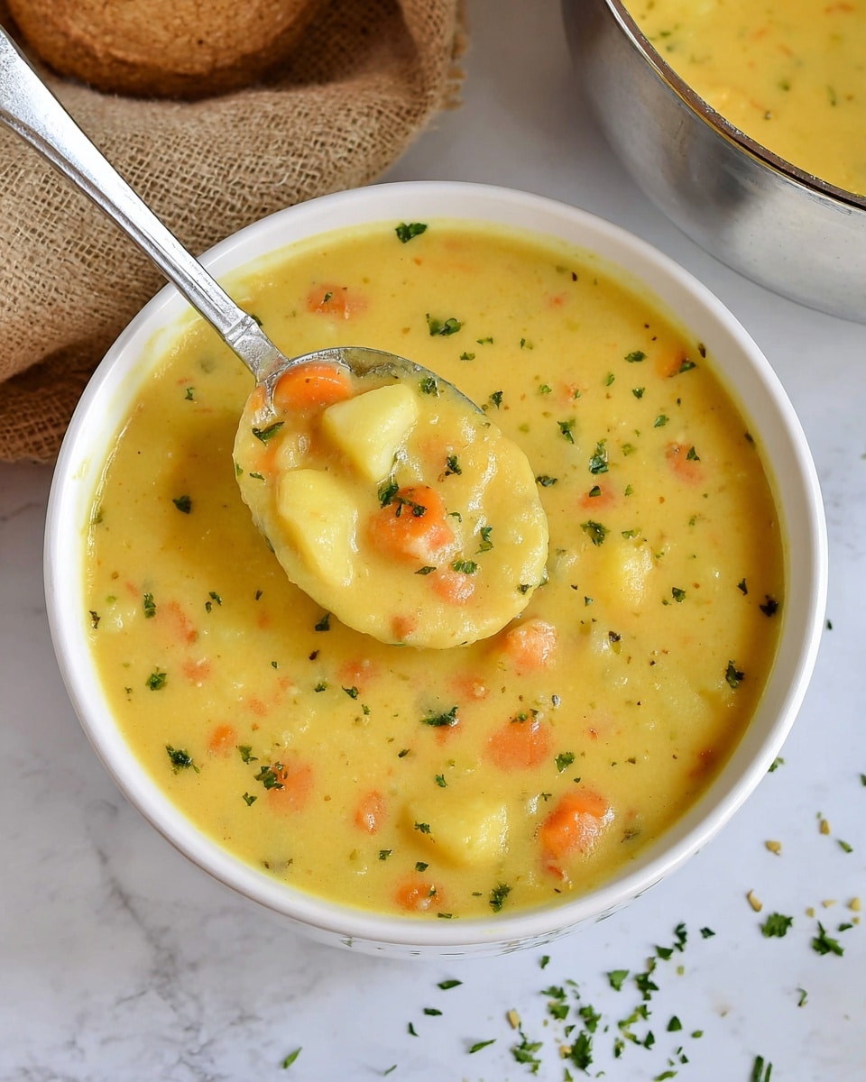 A white bowl filled with creamy yellow soup that has visible small chunks of potatoes and pieces of bacon or ham scattered inside. The soup surface is sprinkled with finely chopped green herbs. A spoon is held by a woman's hand above the bowl showing some soup and ingredients on it. The bowl sits on a white marbled surface with a blue and white checkered cloth nearby and some whole potatoes and an onion in the background. Photo taken with an iphone --ar 4:5 --v 7