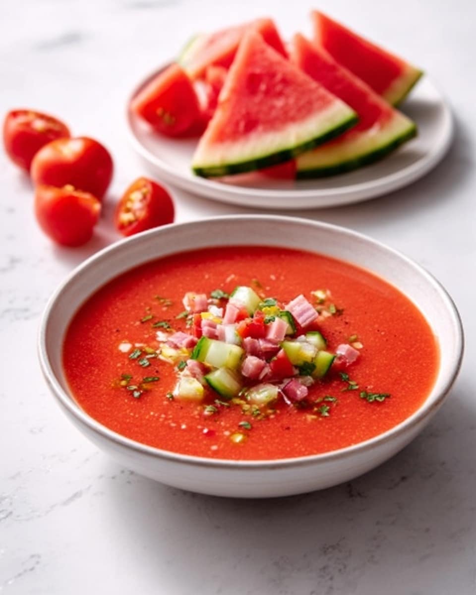 The image shows a white cup with a thin black rim filled with a bright orange soup that has a slightly chunky texture. On top of the soup are small cubes of red tomato and purple onion, speckled with black pepper. In the center, there is a small bunch of fresh green mint leaves standing upright. Another similar cup with the same soup is partially visible in the background. The cups are placed on a white marbled surface. photo taken with an iphone --ar 4:5 --v 7