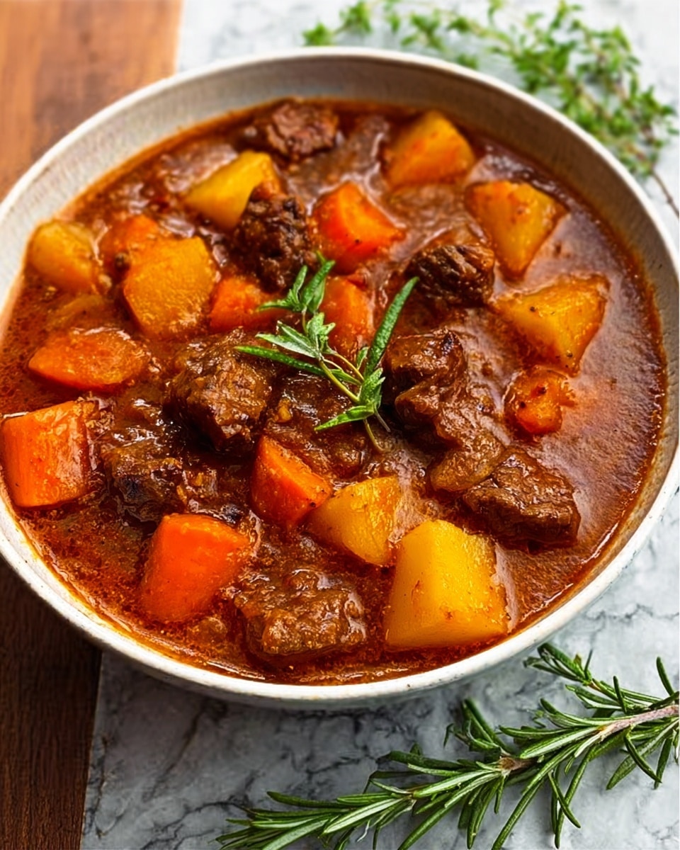 A white bowl filled with rich, thick stew made of dark brown beef chunks and orange carrot pieces, all mixed in a deep reddish-brown sauce. The dish is sprinkled with small green herbs on top, adding a fresh touch. At the side of the bowl, there is a piece of rustic bread slightly resting on the edge. The background is a white marbled surface with soft lighting highlighting the textures and colors. Photo taken with an iphone --ar 4:5 --v 7