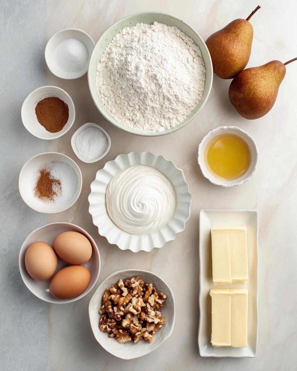 The image shows a white marbled surface with ingredients for baking arranged neatly. There is a large white bowl filled with white flour at the center top, surrounded by four brown pears on the right side. To the left of the flour bowl is a smaller white bowl with salt and baking soda, another with more white powder, and a small bowl with brown cinnamon powder next to it. Below these bowls is a large white bowl full of white sugar with a swirl pattern on top. Below the sugar is a white scalloped bowl holding three brown eggs. To the right of the eggs is a small white bowl with golden liquid, likely vanilla or syrup. Next to it is a white bowl filled with chopped nuts and a rectangular white plate holding three sticks of pale yellow butter. The overall look is clean and organized with soft, natural light. photo taken with an iphone --ar 4:5 --v 7