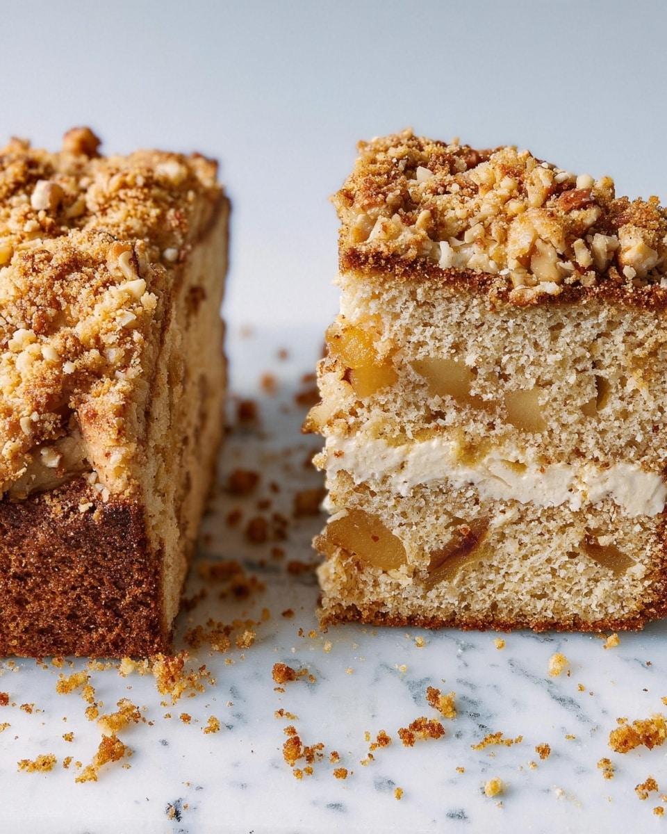 The image shows a slice and a larger piece of nut-topped cake on a white marbled surface. The cake has two clear layers: a bottom layer of light brown sponge mixed with visible chunks of what looks like fruit, and a top layer covered generously with chopped nuts and a crumbly topping. The cake slice is thick and has a rough texture with crumbs scattered around both pieces. The colors range from light golden brown in the sponge to a pale tan in the fruit pieces, topped with a crunchy-looking nut layer in shades of cream and light brown. photo taken with an iphone --ar 4:5 --v 7