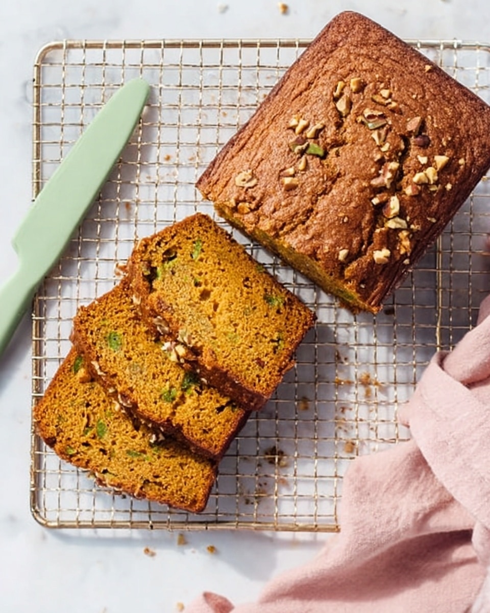 A loaf of pumpkin bread with a brown crust and sprinkled nuts on top is placed on a cooling rack over a white marbled surface. Three slices of the bread show a soft, moist texture with small green flecks inside, stacked slightly overlapping beside the main loaf. A light green knife rests diagonally on the left side of the cooling rack, and a pale pink cloth is softly draped in the upper right corner of the image. photo taken with an iphone --ar 4:5 --v 7