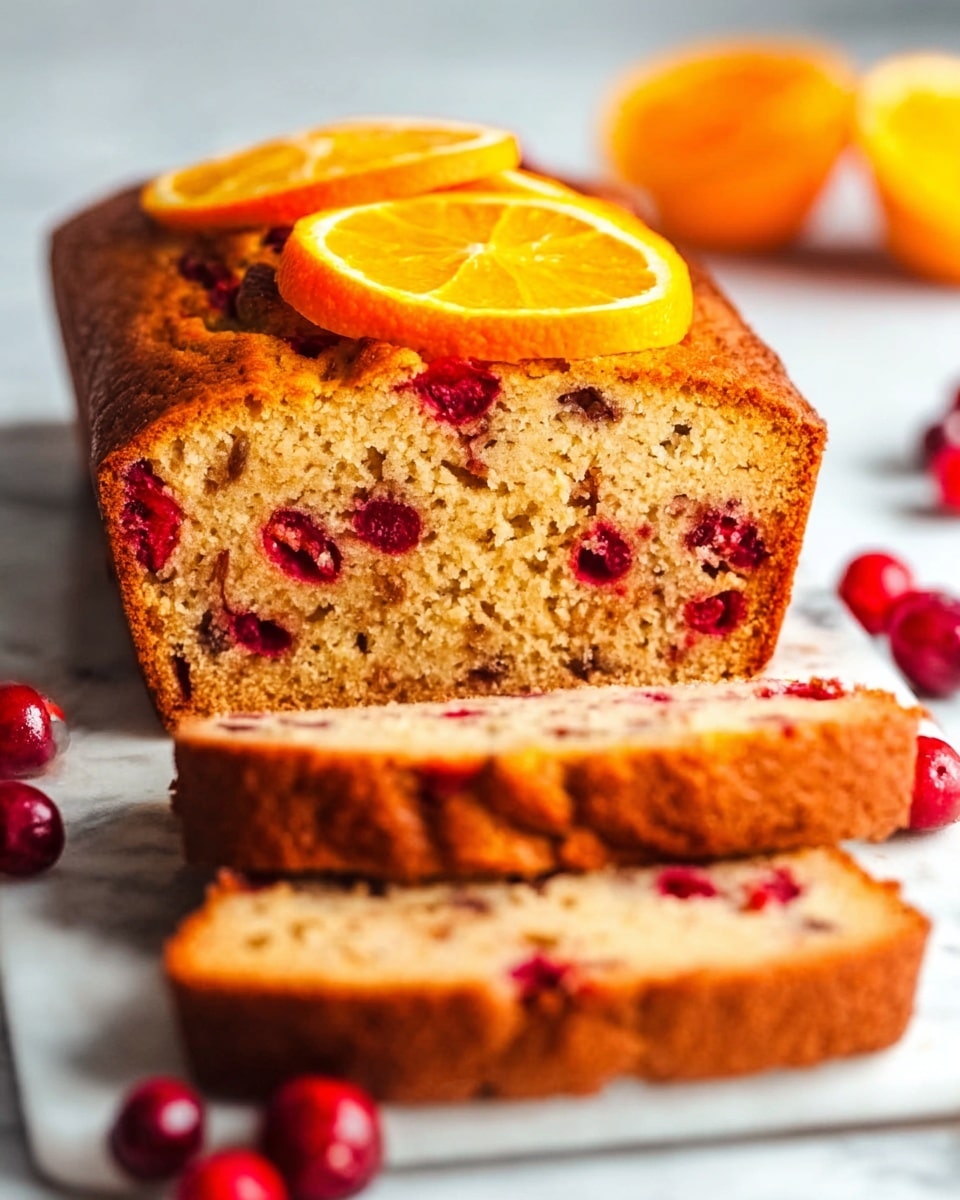 The image shows a loaf of cranberry bread sliced on a wooden board. The bread has two main layers: the bottom layer is light cream with whole cranberries scattered inside, and the top layer is golden brown with more cranberries visible throughout. The loaf is drizzled with thin white icing in diagonal lines across the top. Next to the board, there is a small white bowl filled with fresh cranberries and some orange slices partly visible at the edge. The background is a white marbled texture. Photo taken with an iphone --ar 4:5 --v 7