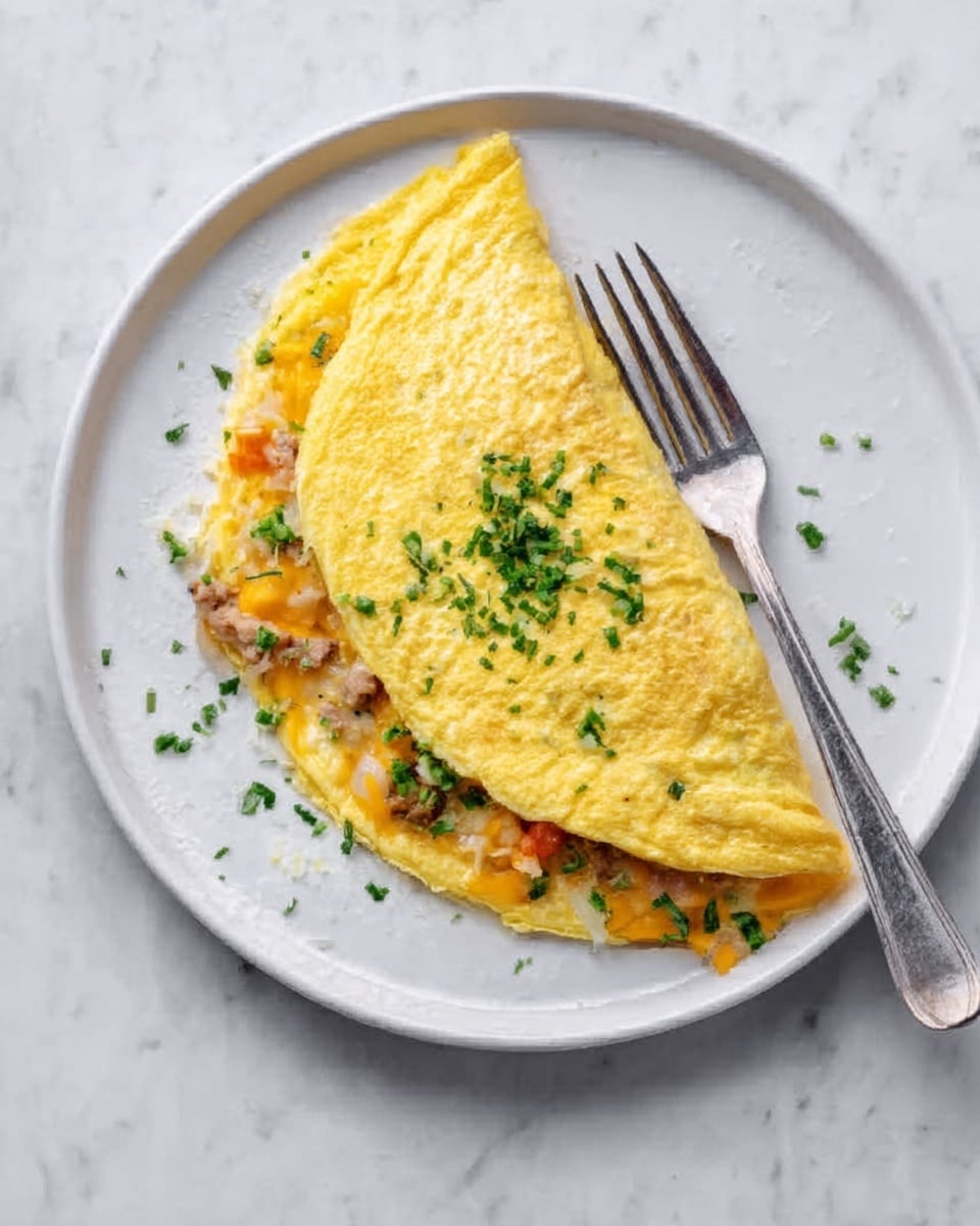 The image shows a soft yellow omelette folded in half on a white plate, revealing a colorful filling inside. The filling has layers of light orange cheese, green herbs, and small pieces of light brown meat mixed with bits of white and yellow vegetables. The omelette’s surface is smooth with a few green chopped herbs sprinkled on top for decoration. A silver fork rests on the side of the plate, which is placed on a white marbled surface with a subtle shine. Photo taken with an iphone --ar 4:5 --v 7