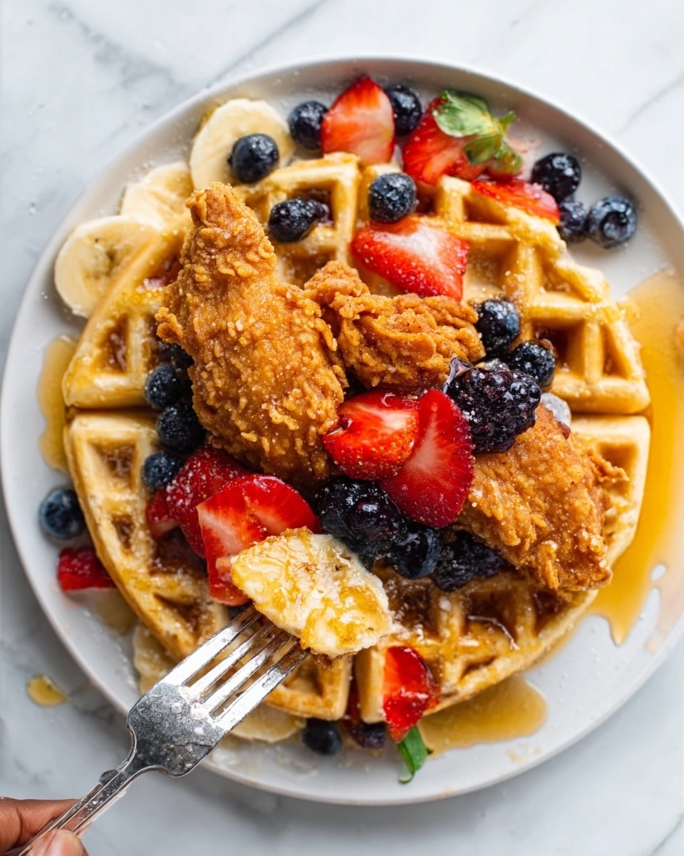 A close-up view of a white plate with two golden-brown waffle halves forming the base layer, topped with two crispy fried chicken pieces that are golden and textured. Scattered on top and around the chicken are fresh blueberries and sliced strawberries, adding pops of dark blue and red color. There are also small pieces of banana and some drizzled honey or syrup pooling around the edges. A woman's hand is holding a fork, reaching toward the plate. The background is white marble. Photo taken with an iphone --ar 4:5 --v 7