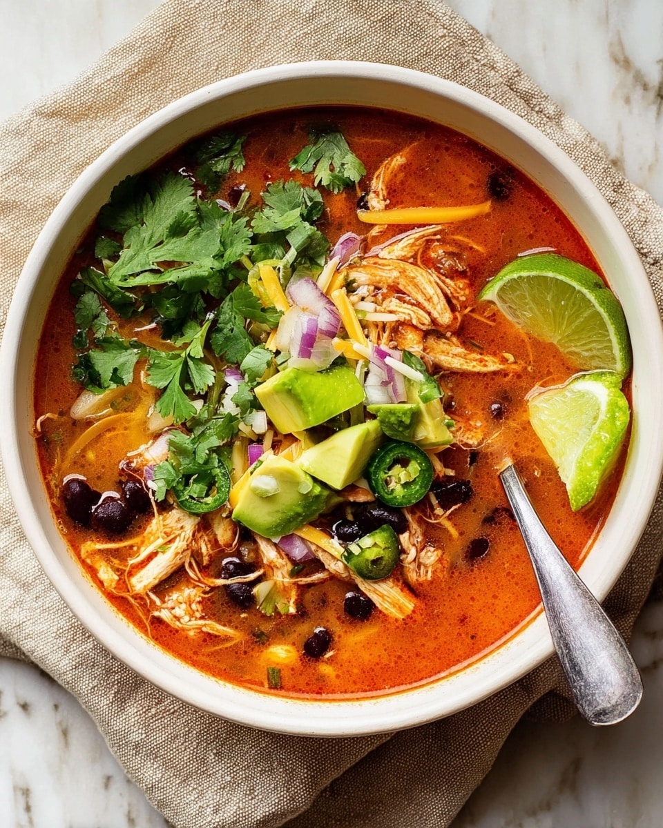A white bowl filled with reddish-orange soup that has a smooth, slightly oily surface. The soup contains shredded light brown chicken pieces and black beans mixed throughout. On top, there are bright green avocado chunks, dark green sliced jalapeno, small diced purple onions, and thin orange and white cheese strips scattered. Fresh bright green cilantro leaves are placed on one side, and a lime wedge with a light green outer skin and white inner edges sits on the surface. A silver spoon rests inside the bowl on the right side. The bowl is sitting on a beige cloth on top of a white marbled surface. Photo taken with an iphone --ar 4:5 --v 7
