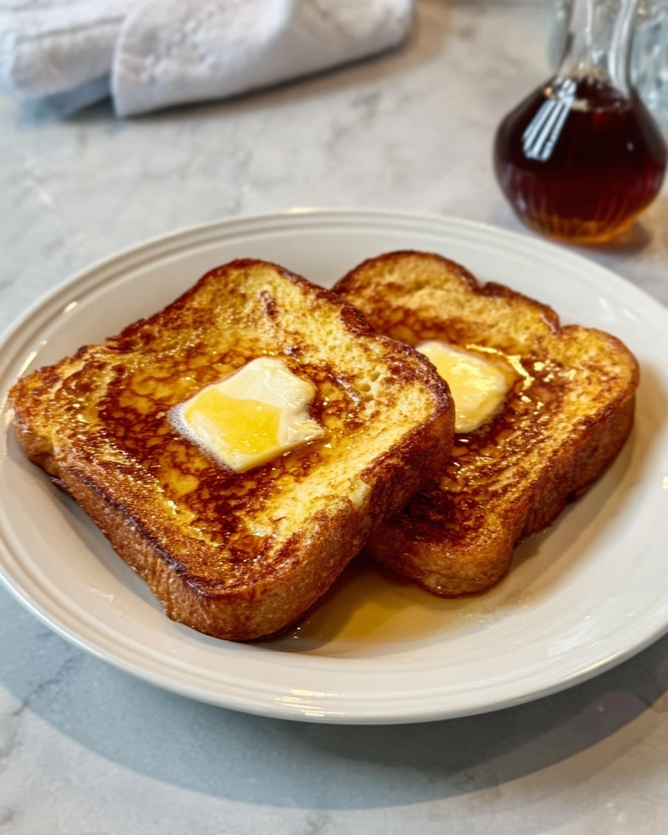 Two slices of golden brown French toast are stacked slightly overlapping on a white plate. Each slice has a dollop of melting butter on top, creating small pools of shiny yellow. The French toast has a slightly crispy texture with darker browned edges and a soft, fluffy inner look. The plate sits on a white marbled surface with a glass bottle of syrup and a white cloth napkin in the background. Photo taken with an iphone --ar 4:5 --v 7