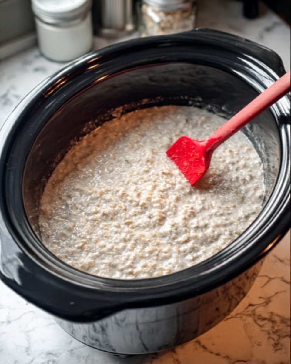 A close-up image of a black slow cooker filled with creamy oatmeal porridge inside. The oatmeal has a soft, thick texture with small visible oats throughout. A red spatula is partially submerged on the right side, angled slightly upward. The slow cooker is placed on a white marbled surface with kitchen items faintly visible in the blurred background. Photo taken with an iphone --ar 4:5 --v 7