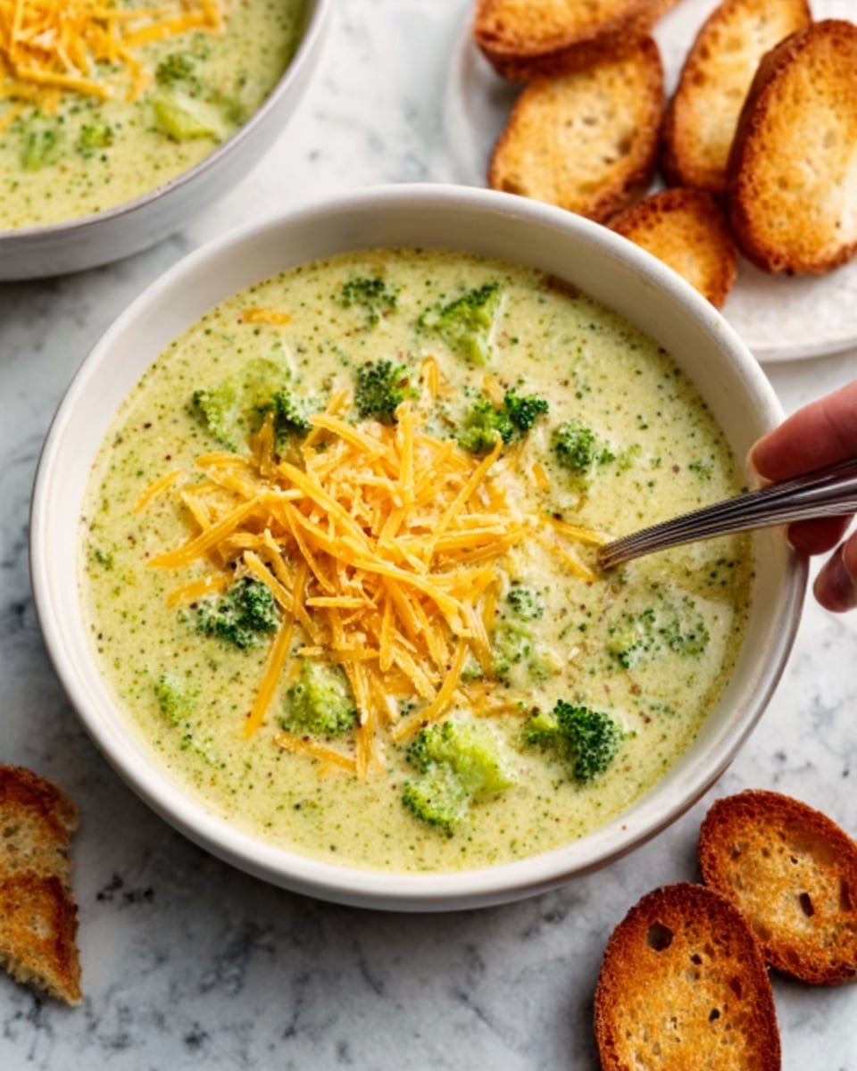 The image shows a white bowl filled with creamy soup that has broccoli pieces floating inside. The soup is topped with a bright orange layer of shredded cheese and sprinkled with green herbs. The bowl sits on a white marbled surface with a silver spoon placed nearby. In the background, part of a white bowl with more soup and a piece of crusty bread are visible. Photo taken with an iphone --ar 4:5 --v 7