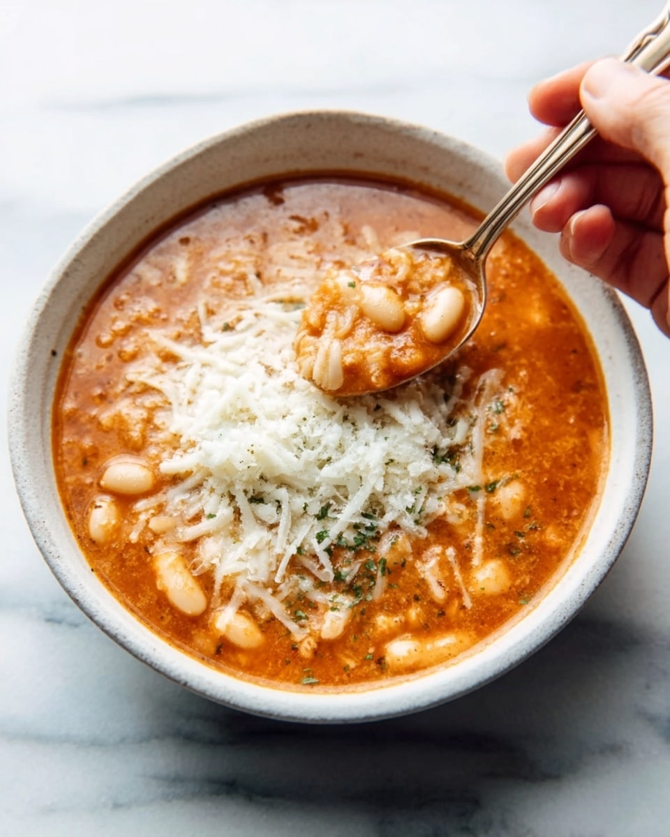 A white bowl filled with a thick orange soup that has white beans visible in it. On top of the soup there is a layer of white cheese, shredded finely, placed in the middle. A woman's hand is holding a spoon that is scooping some of the soup near the edge of the bowl. The bowl is on a white marbled surface. photo taken with an iphone --ar 4:5 --v 7
