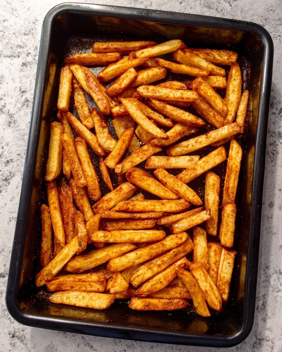 The image shows a black baking tray filled with cooked French fries that have a golden-brown color with some darker, crispier edges. The fries are arranged randomly and cover the entire bottom of the tray. The background surface is a white marbled texture, visible around the tray edges. The baking tray has slightly raised sides, and the fries have a rough, textured look with visible seasoning. Photo taken with an iphone --ar 4:5 --v 7