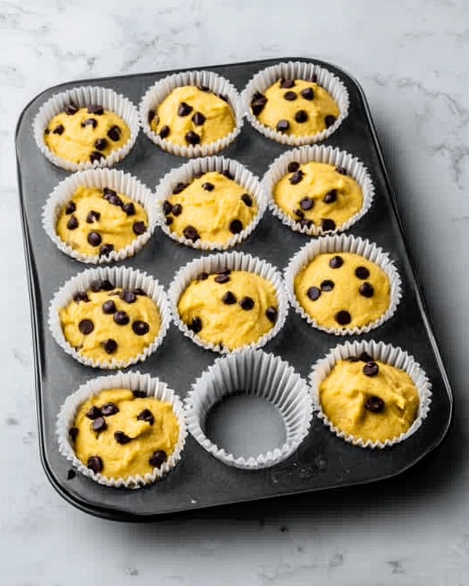 A black metal muffin tray holds seven white parchment paper liners, each filled with yellow batter that has smooth texture and is dotted with dark chocolate chips evenly spread on top. The tray is placed on a white marbled surface. Photo taken with an iphone --ar 4:5 --v 7
