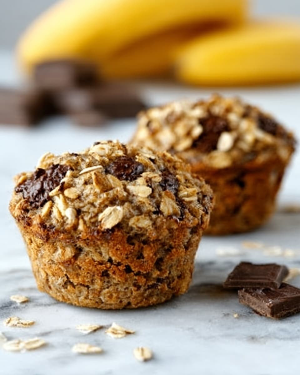 Two oatmeal muffins sit on a white marbled surface. Each muffin is golden brown with a rough texture, filled with visible oats and chunks of darker chocolate pieces mixed throughout. The muffins have a slightly crumbly top layered with extra oats and chocolate bits, making the surface look textured and crunchy. The background shows blurred bananas and more chunks of chocolate, adding a soft yellow and dark brown contrast behind the muffins. Photo taken with an iphone --ar 4:5 --v 7