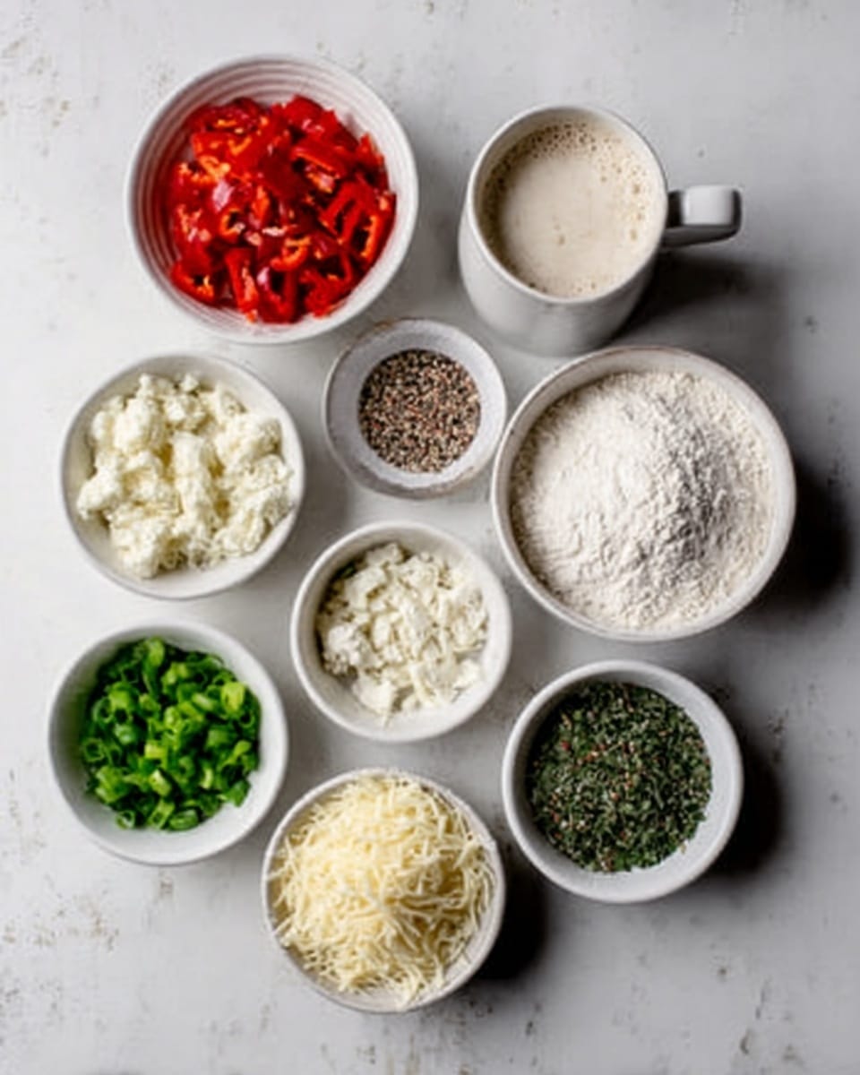 The image shows seven white bowls placed on a white marbled surface, each bowl holding a different cooking ingredient. Starting from the top left, the first bowl is filled with bright red chopped peppers. Next to it on the right is a white cup with a frothy, creamy liquid. To the right and slightly below is a small bowl with a mixture of black and white grains, possibly pepper and salt. Below the peppers is a bowl of green chopped scallions. At the center is a larger bowl holding white flour. To the right of the flour is a bowl with shredded pale yellow cheese. Below the flour is a bowl filled with small, crumbly white chunks, which look like cheese. The last bowl, to the right of the crumbly cheese, has dark green chopped herbs. The bowls are spaced evenly on the smooth white marbled surface. photo taken with an iphone --ar 4:5 --v 7
