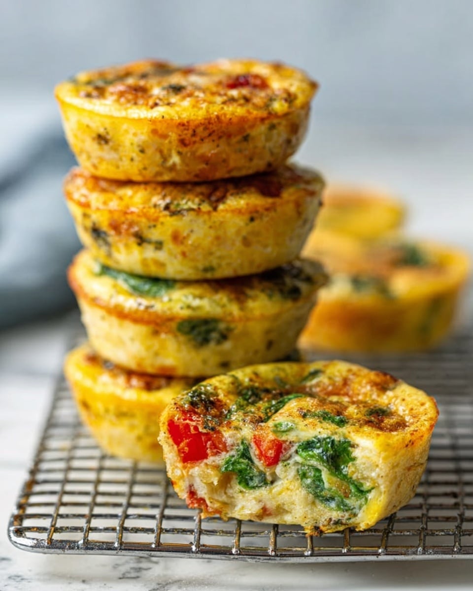 The image shows a stack of five mini frittatas on a white marbled surface, with one frittata resting on the wire rack in front of the stack, leaning against it. Each frittata has a round, golden brown top with a slightly crispy texture. The visible frittata in front reveals a colorful inside with green spinach leaves, red tomato pieces, and a mix of light yellow and golden egg mixture. The wire rack adds a grid pattern below the frittatas, enhancing their texture contrast. The background is softly blurred to focus on the frittatas. photo taken with an iphone --ar 4:5 --v 7