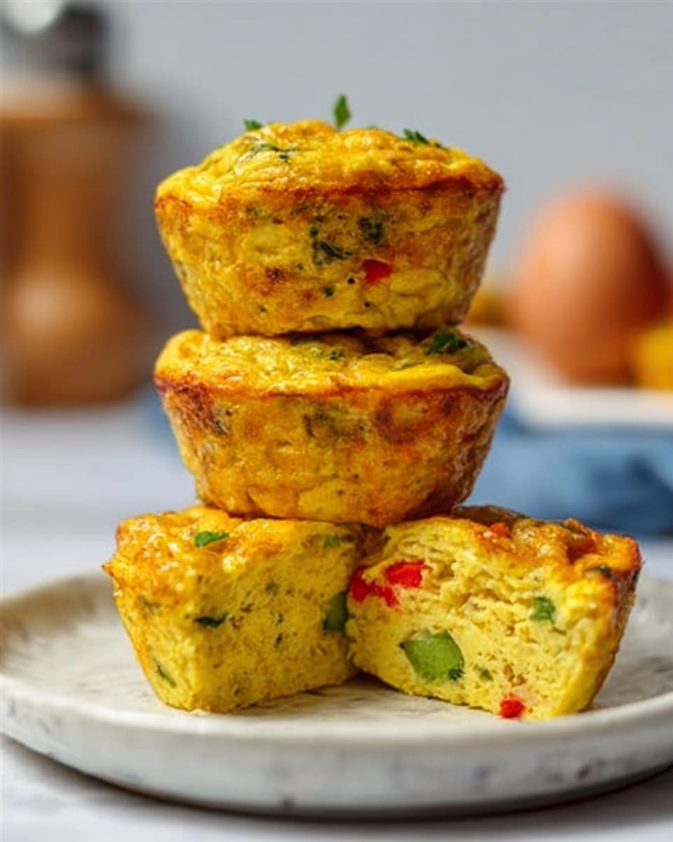The image shows three golden mini egg muffins stacked on a white plate on a white marbled surface. Each muffin has a rough textured top with small green and red vegetable pieces visible inside. The top muffin has a slightly more rounded and puffy top while the bottom muffin is cut in half revealing layers of yellow egg mixed with green vegetables and small red pieces inside. The background is softly blurred with kitchen items visible. Photo taken with an iphone --ar 4:5 --v 7