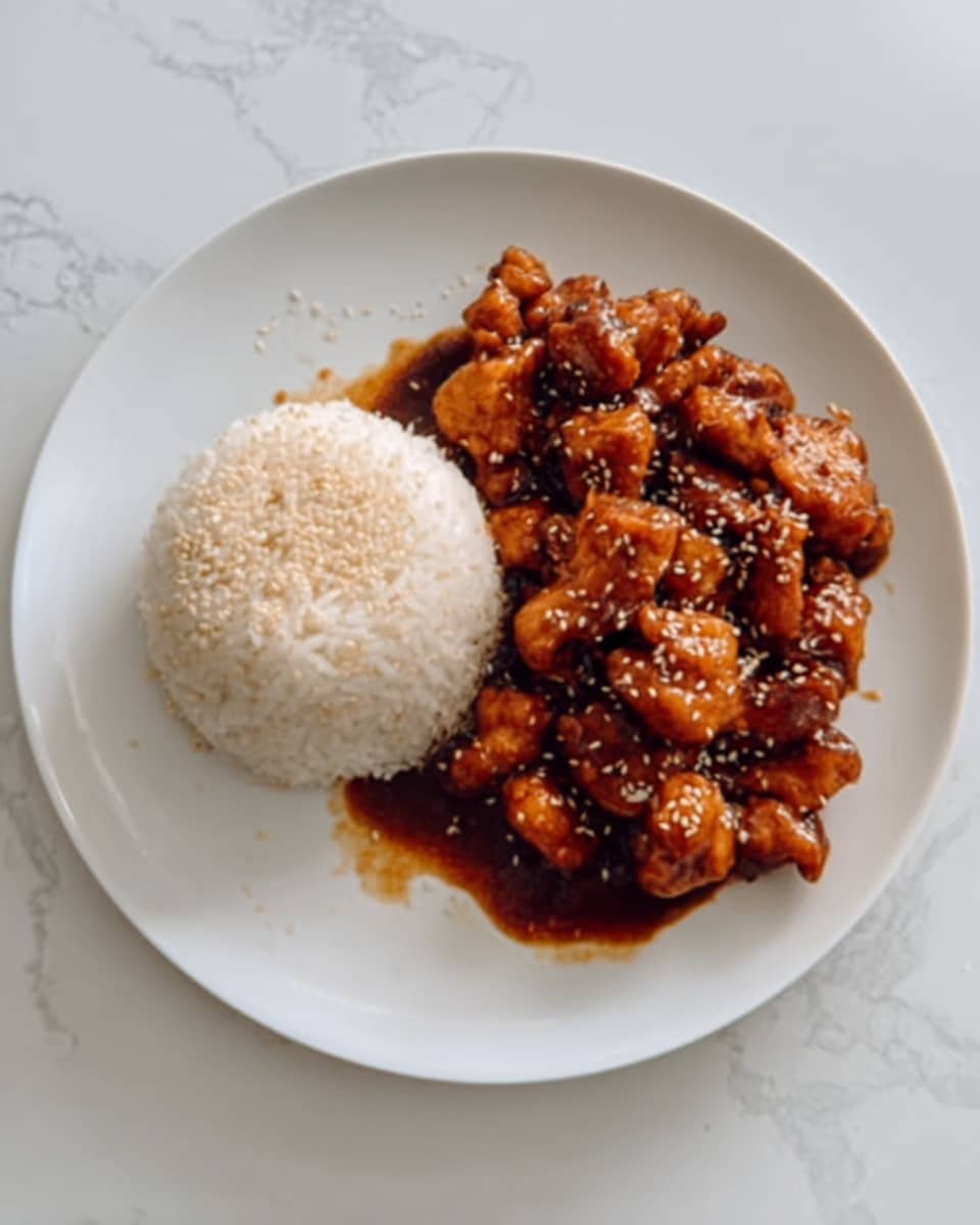 The image shows a white plate on a white marbled surface, with a round mound of plain white rice on the left side. On the right side of the plate, there is a pile of cooked chicken pieces covered in a thick, shiny dark brown sauce, with small sesame seeds sprinkled on top. The rice is smooth and tightly packed, and the chicken pieces are glossy and slightly chunky, arranged closely together. Photo taken with an iphone --ar 4:5 --v 7