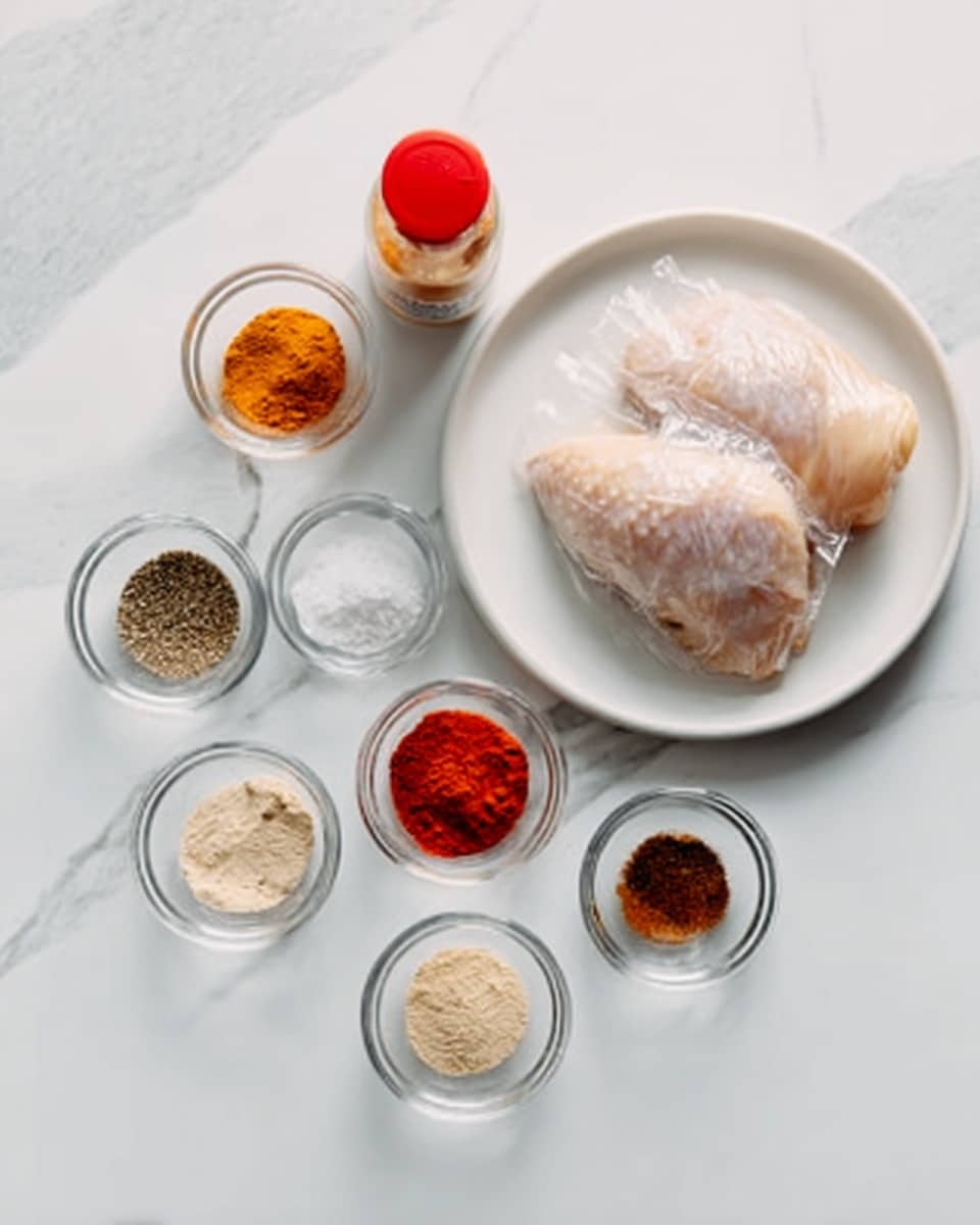 The image shows a white plate holding a raw chicken piece wrapped in clear plastic, placed on a white marbled surface. Around the plate, there are seven small clear glass bowls in a loose circle. Each bowl contains different spices and powders of various colors: reddish-orange, black, light tan, white, bright red, and brown. A small bottle with a red cap is also present behind the plate. The scene is bright and clean, with all ingredients neatly arranged. Photo taken with an iphone --ar 4:5 --v 7
