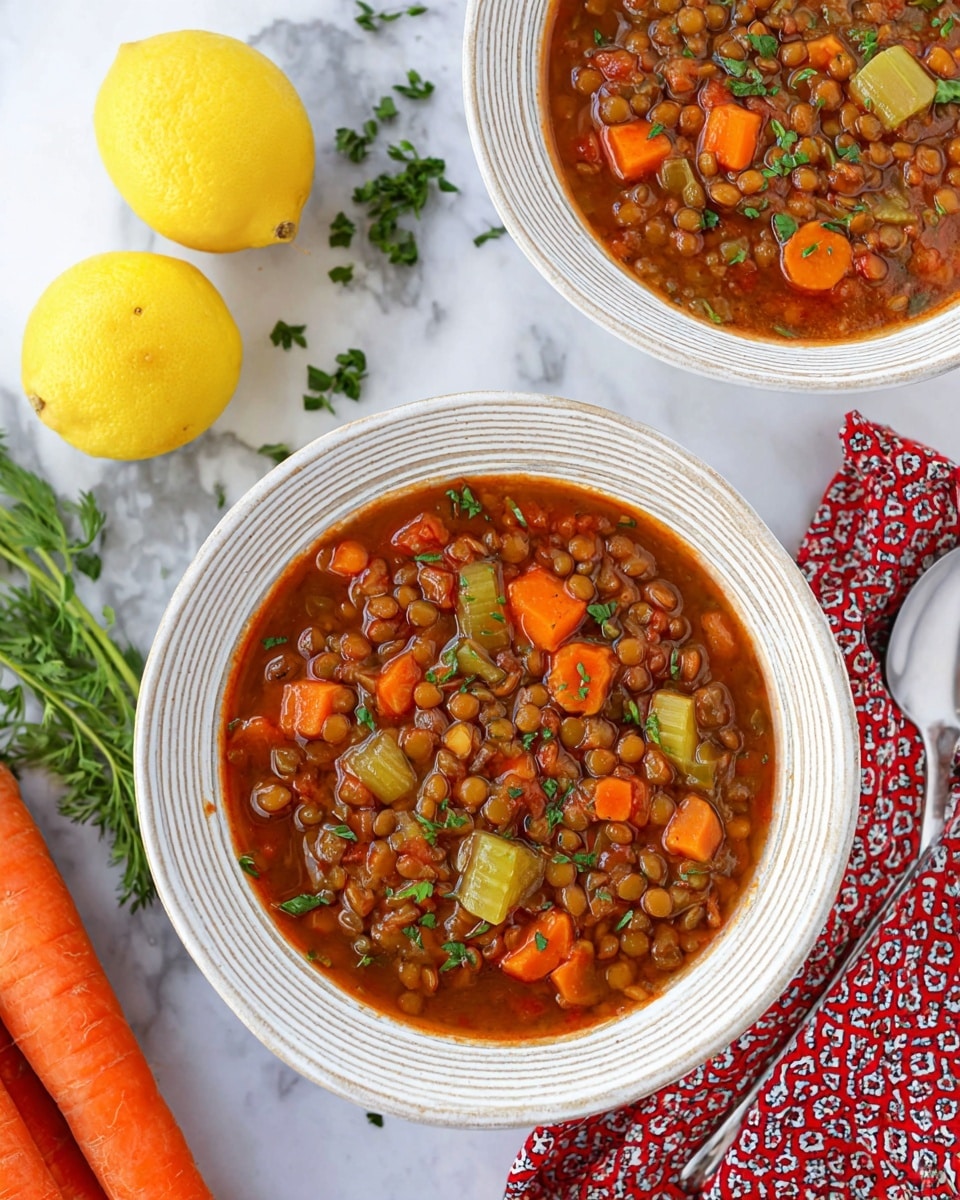 The image shows two white textured bowls filled with a thick lentil soup. The soup has three main visible layers: a rich brown-red broth as the base, a layer of small round lentils immersed throughout, and large chunks of orange carrots and light green celery scattered on top. The surface is garnished with small green chopped herbs, adding a fresh touch. Around the bowls, on a white marbled surface, lie whole carrots, two yellow lemons, a spoon, and a red and white patterned linen cloth. photo taken with an iphone --ar 4:5 --v 7