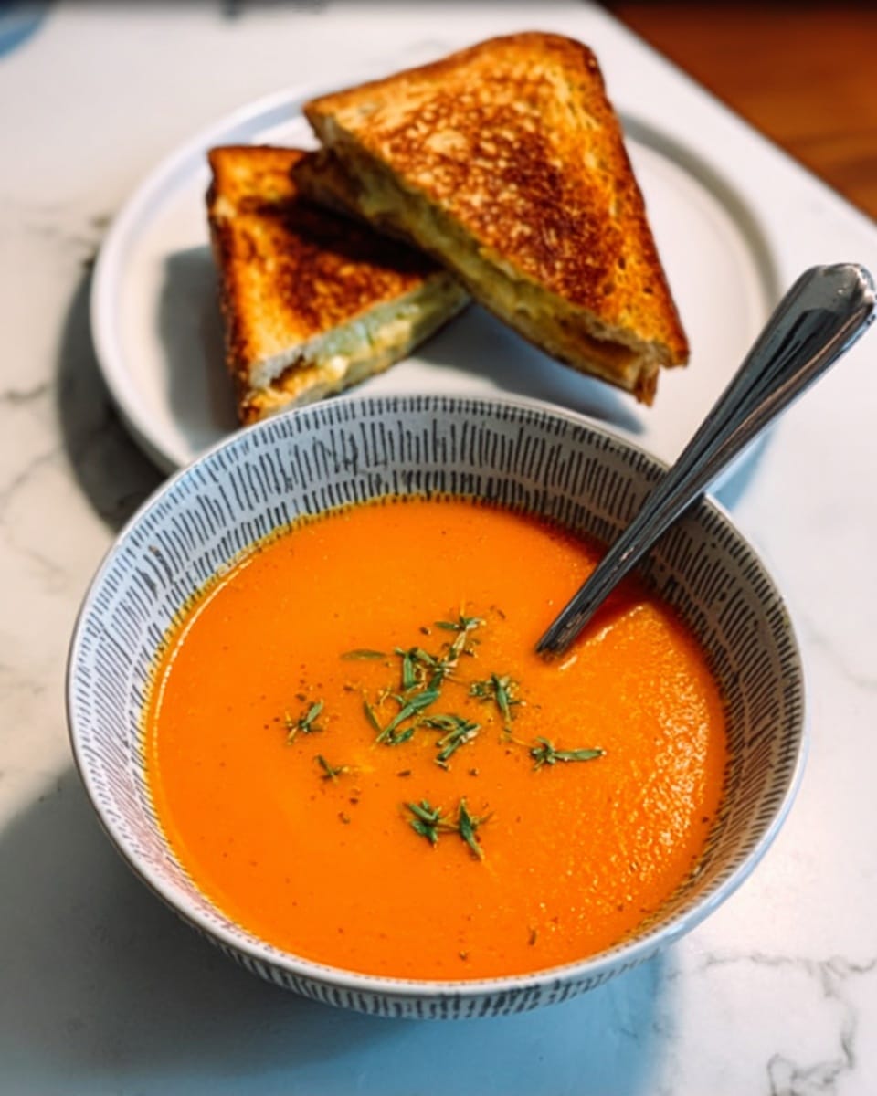 A white patterned bowl filled with smooth, bright orange soup garnished with small green herbs floating on top, a silver spoon resting inside the bowl with its handle leaning out, placed on a white round plate holding two pieces of golden brown toasted sandwich with a slightly crispy texture stacked together. The setting is arranged on a white marbled surface. photo taken with an iphone --ar 4:5 --v 7