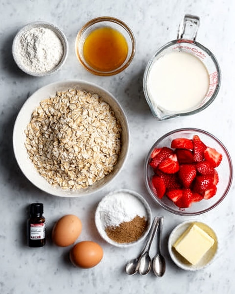 A white marbled surface is covered with various baking ingredients arranged neatly: a large white bowl filled with rolled oats is in the center, surrounded by a small glass bowl of bright red sliced strawberries on the right, a clear measuring cup filled with milk at the upper right, a small bowl of golden syrup at the upper left, a small bowl of white flour to the left of the oats, a yellow pat of butter directly below the flour, a single brown egg below the butter, a small heap of white salt below the egg, and two spoons filled with brown and white powders respectively placed side by side near the lower center. A small dark bottle of vanilla extract is near the strawberries. photo taken with an iphone --ar 4:5 --v 7