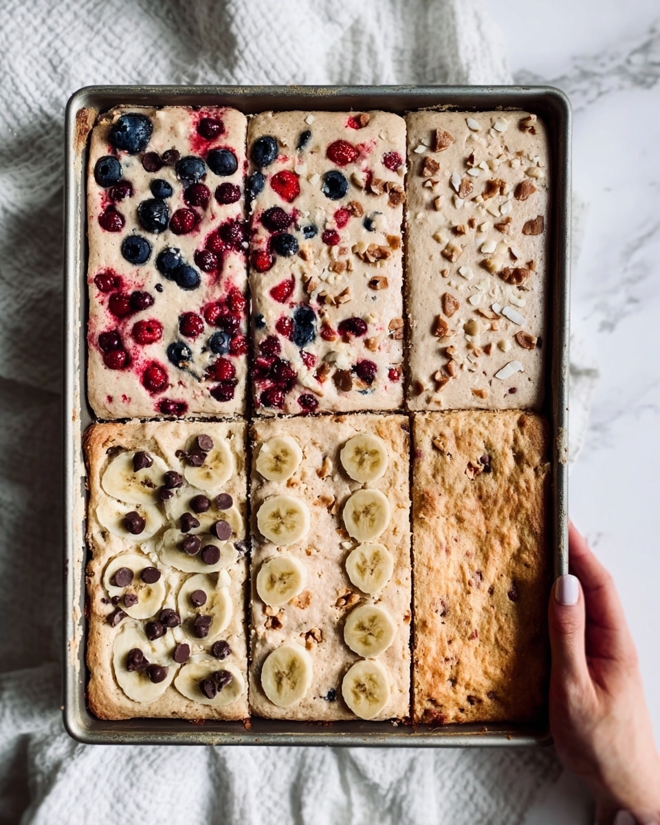A rectangular baking tray with four different sections of cake, each with distinct toppings and colors. The top left section has a light beige cake base with dark blue and red berries scattered on top. The top right section shows a creamy beige layer with small pieces of crushed nuts sprinkled on it. The bottom left section has a light tan base with sliced bananas and chocolate chips spread on top. The bottom right section has a golden brown cake without any toppings. The background is a white marbled texture with a white cloth on the left side and a woman's hand holding the tray on the right. Photo taken with an iphone --ar 4:5 --v 7
