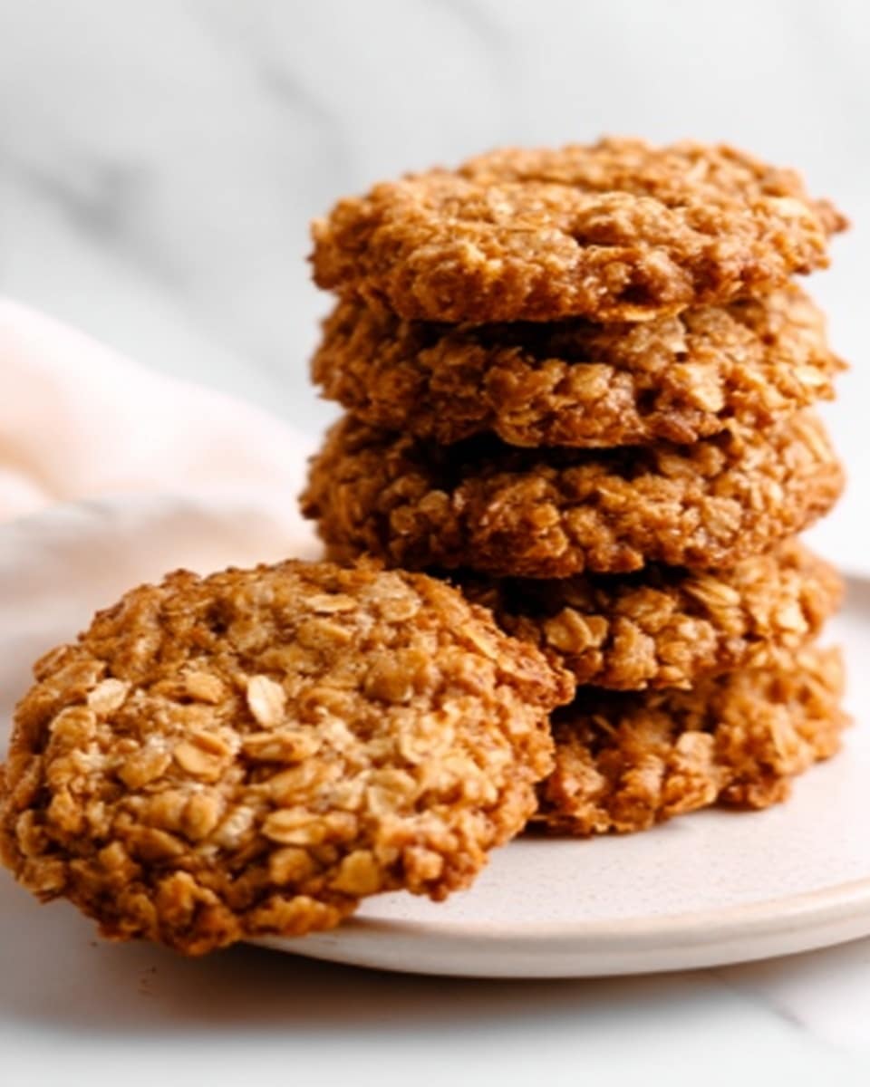The image shows a stack of five round oatmeal cookies with a rough, crumbly texture and light brown color. One cookie lies flat in front of the stack, showing its uneven surface full of oats. The cookies rest on a simple white plate that sits on a white marbled surface. Soft natural light highlights the oats and the cookies' slightly shiny, baked exterior. photo taken with an iphone --ar 4:5 --v 7