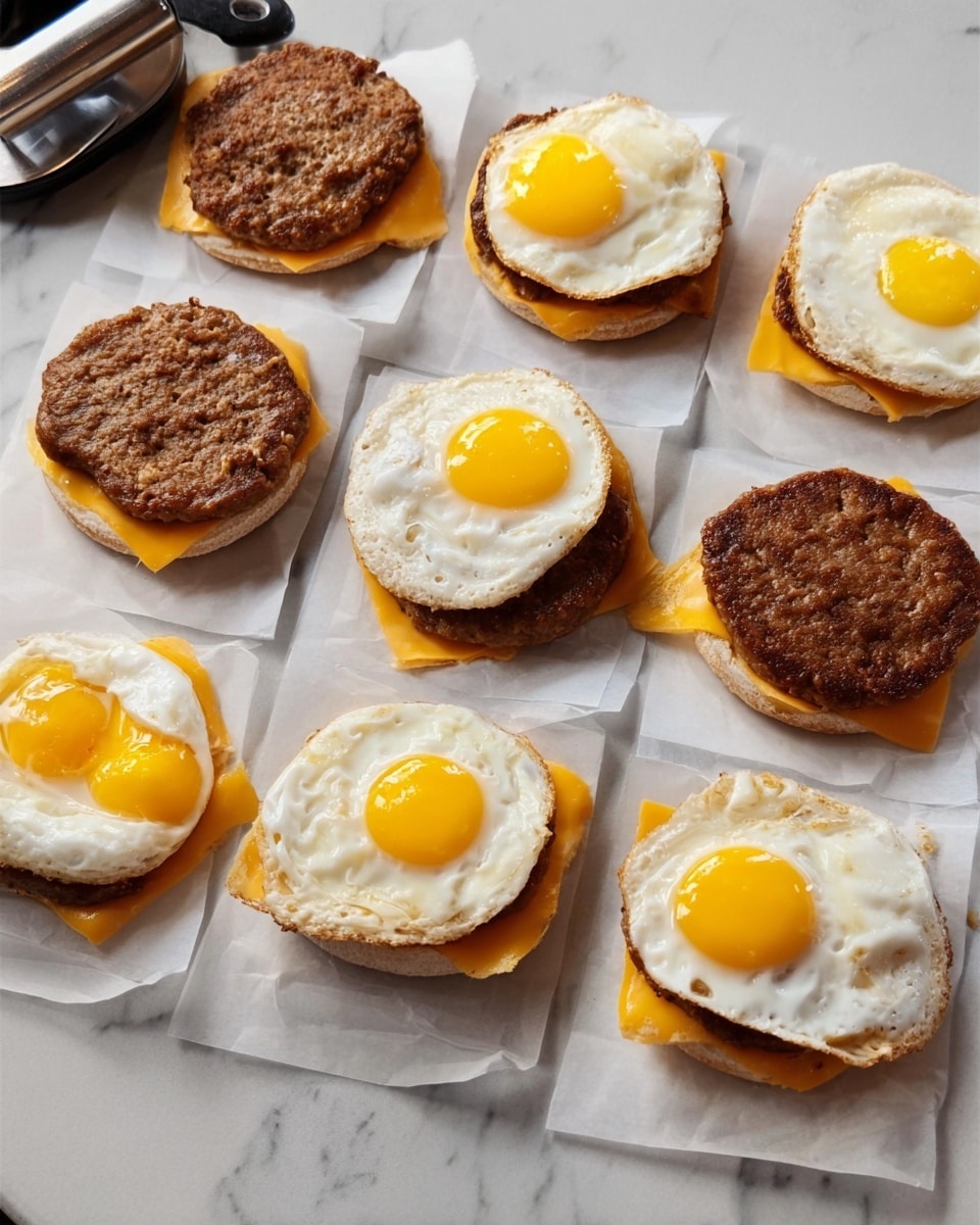The image shows seven open breakfast sandwiches arranged on white paper on a white marbled surface. Each sandwich has two layers: the bottom layer is a slice of bright orange melted cheese resting on a crispy brown sausage patty, and the top layer is a lightly toasted white English muffin topped with a cooked egg. The eggs are sunny side up, showing bright yellow yolks and white edges. One sandwich in the top left corner is in the process of being assembled by a woman's hand. In the background, a shiny metal kitchen tool is visible. Photo taken with an iphone --ar 4:5 --v 7